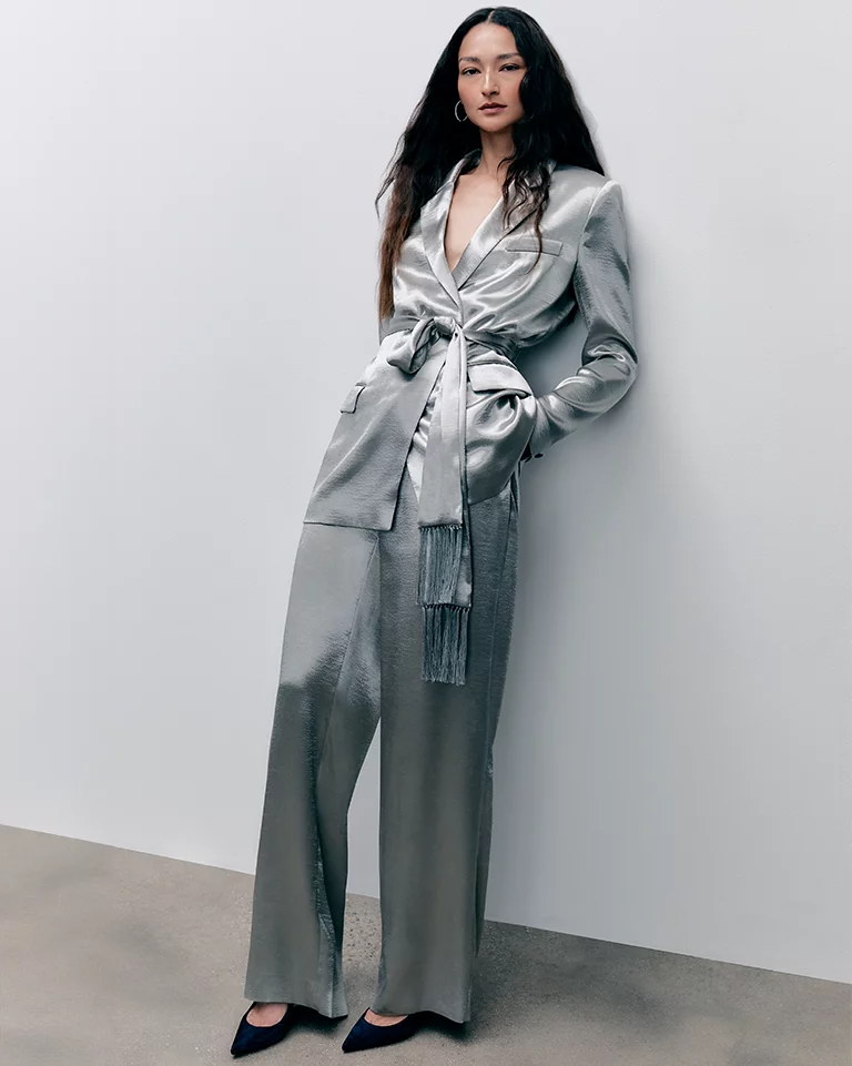 Shiny Satin Pantsuit, Designer Woman Suit Jacket Pants Minimalist