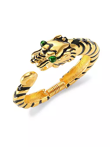 22K Goldplated & Crystal Black Striped Snake Hinged Cuff Bracelet