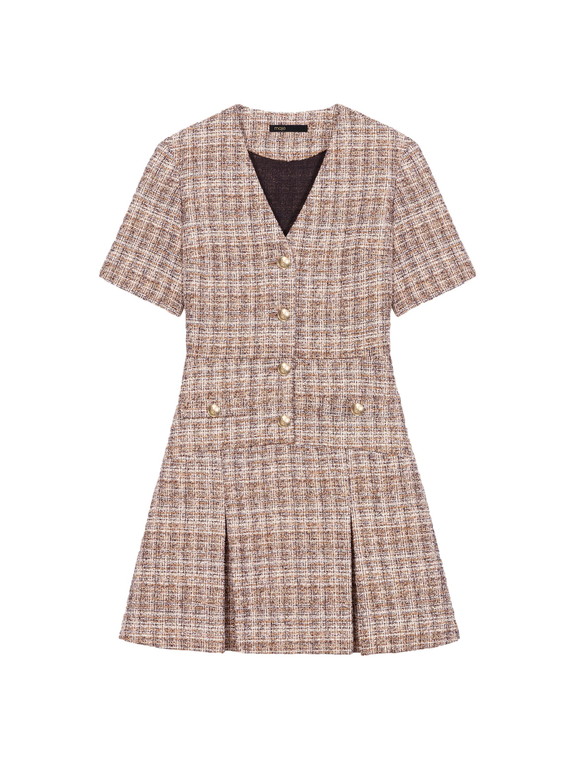 ワンピース Tweed Pleated Mini Dress New Women's Tweed Pleated Mini Dress Autumn Long Sleeve