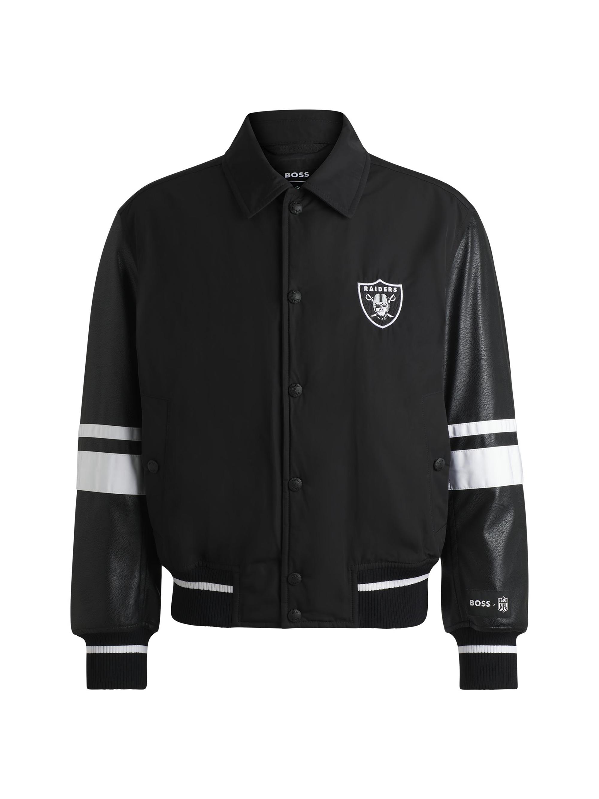 BOSS Men's  x NFL Mixed-Material Jacket with Faux-Leather Sleeves - Las Vegas Raiders Black