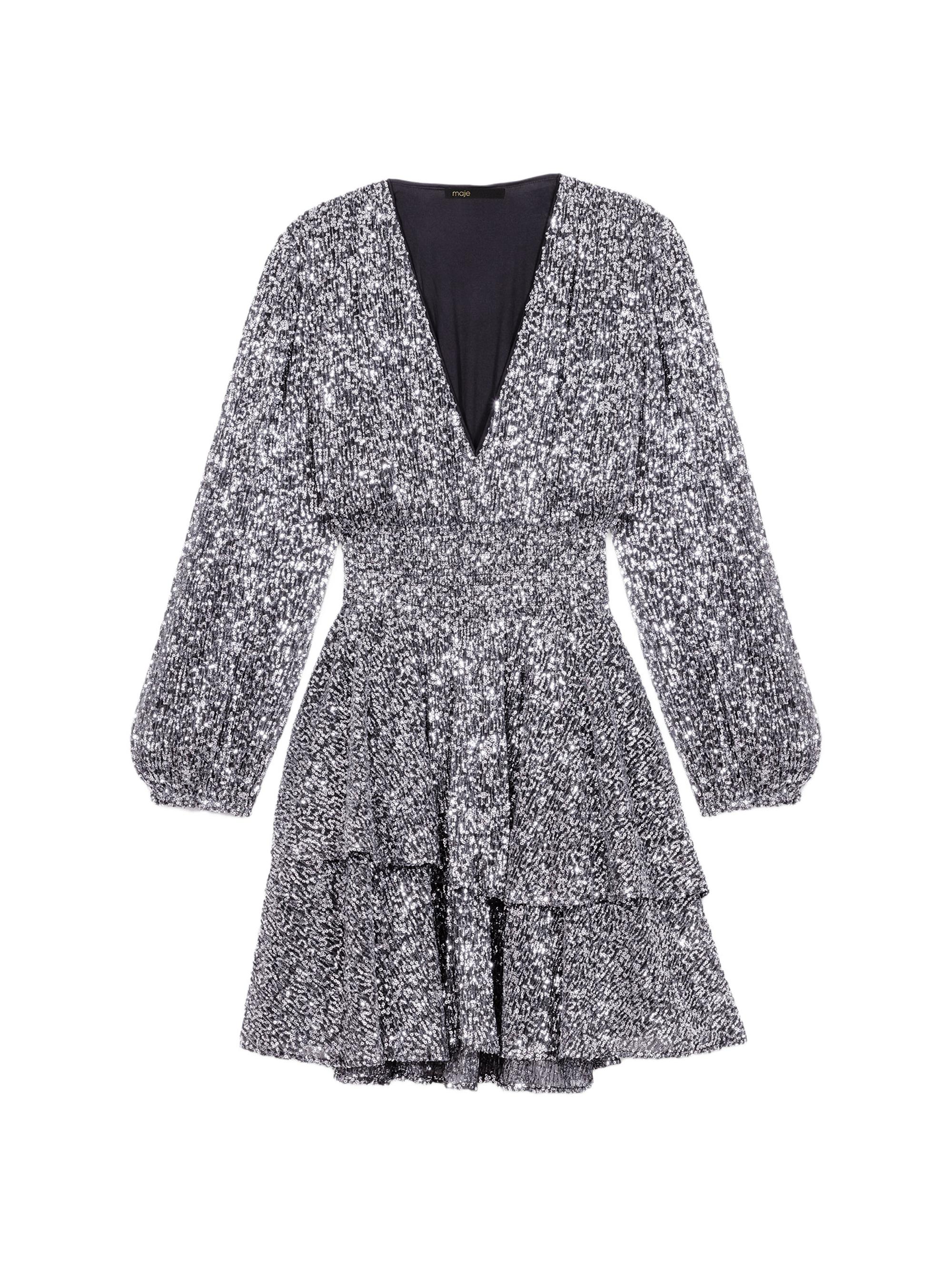 Maje Women's Short Ruffled Sequinned Dress - Silver