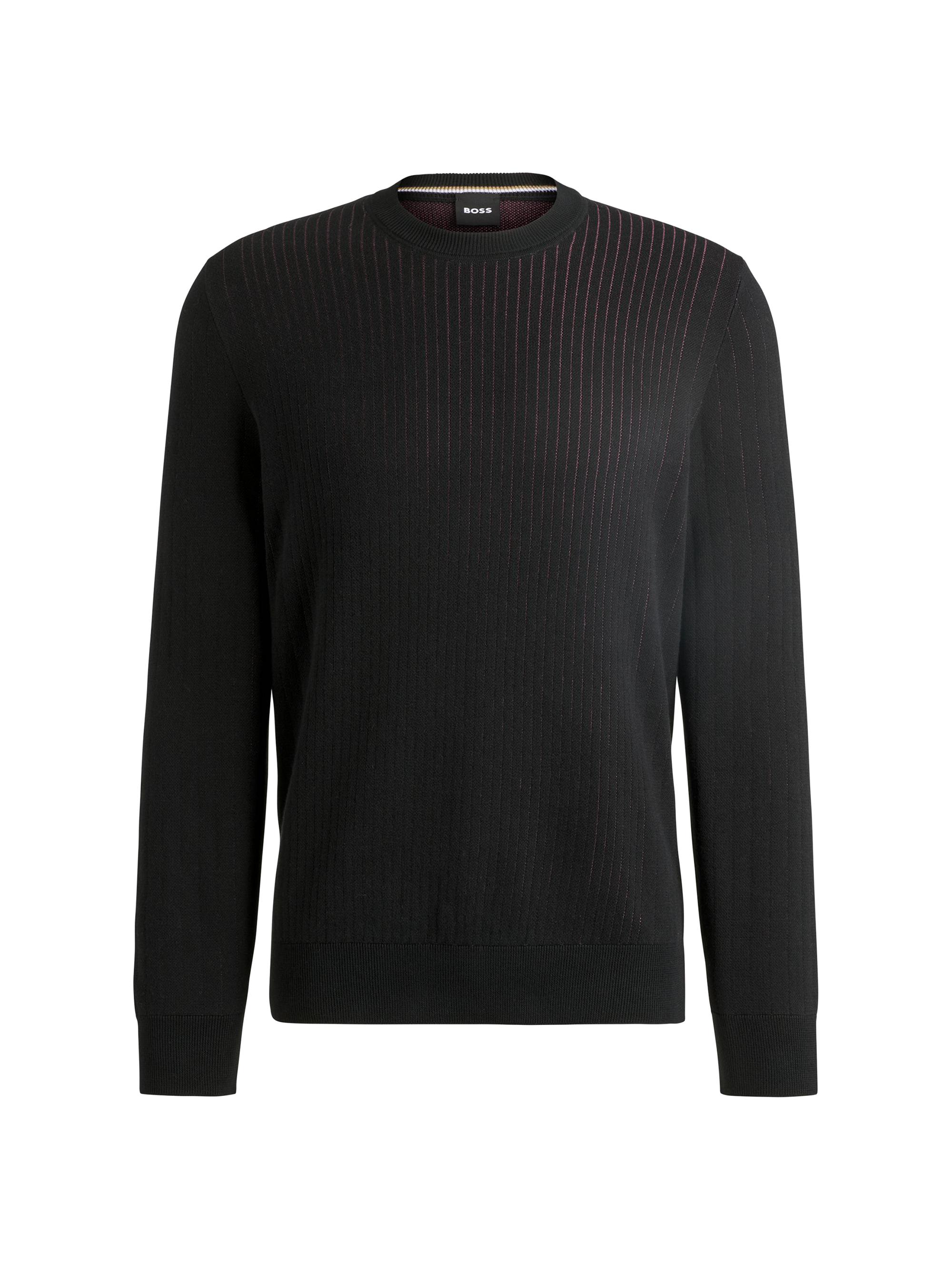 BOSS Men's Cotton Sweater with Knitted Vertical Stripes in Regular Fit - Grey