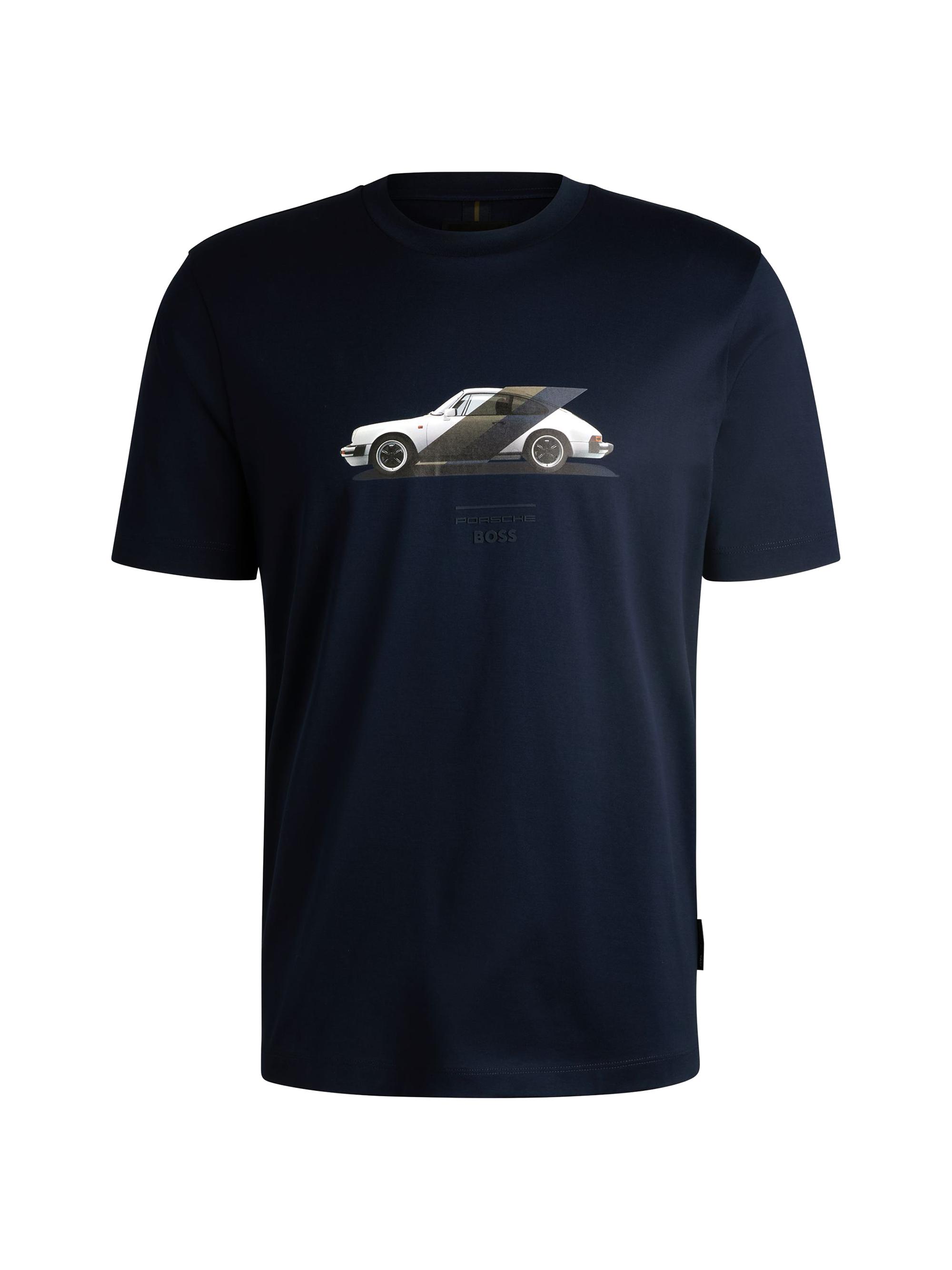 BOSS Men's Porsche X Boss Mercerized-Cotton T-Shirt with Collaborative Branding - Dark Blue