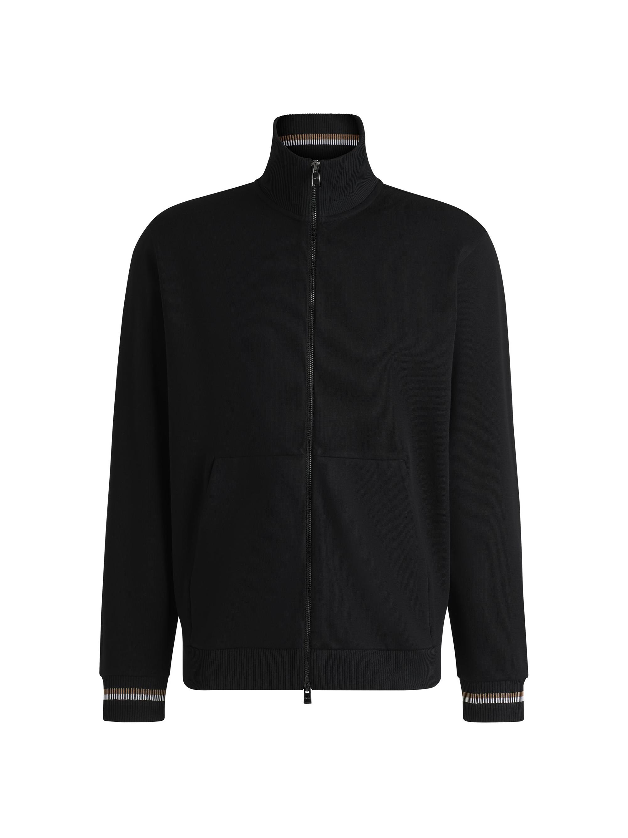 BOSS Men's Mercerized Cotton Sweatshirt with Stripe Cuffs - Black