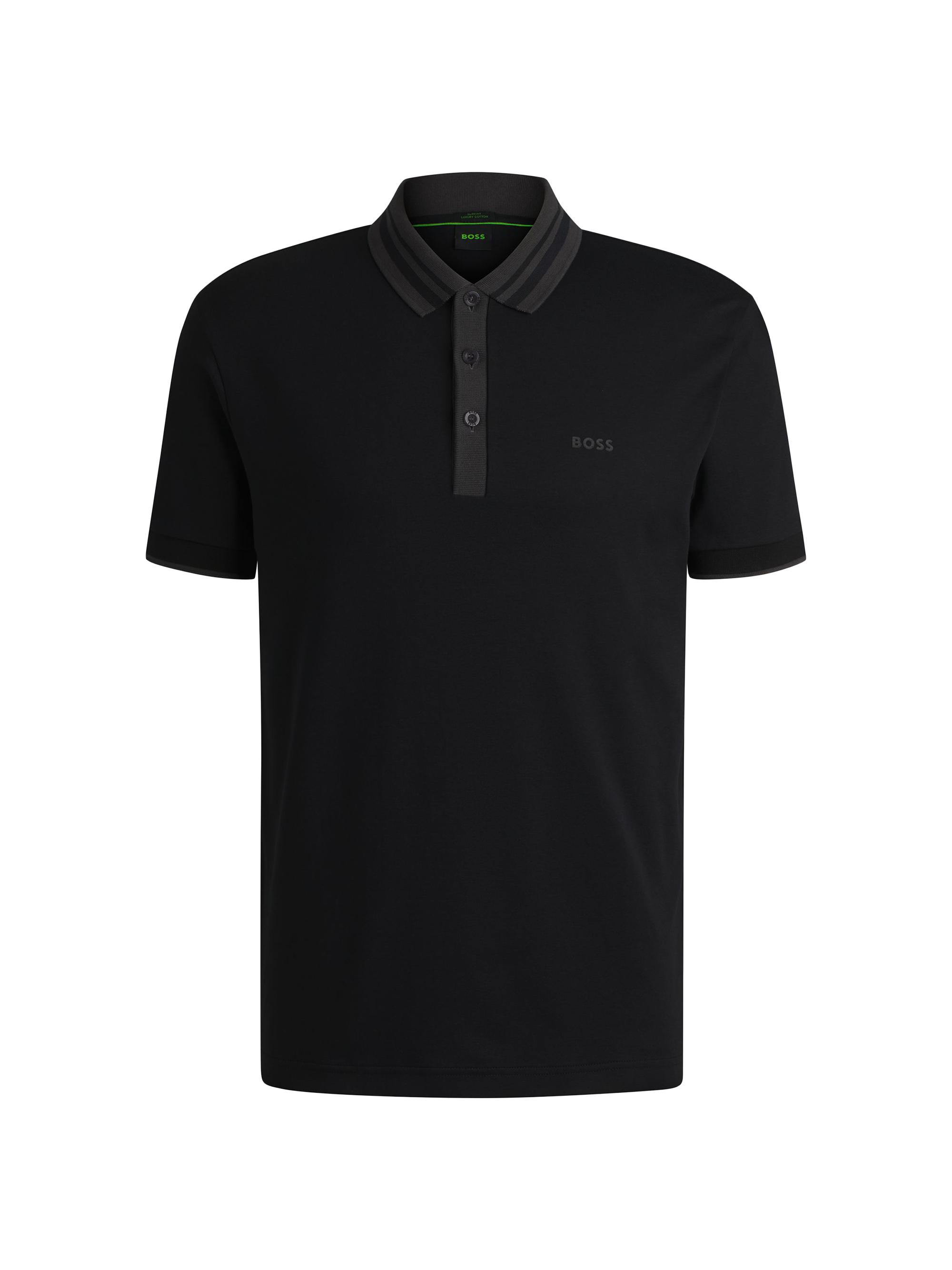 BOSS Men's Interlock Cotton Polo Shirt with Striped Collar - Dark Blue