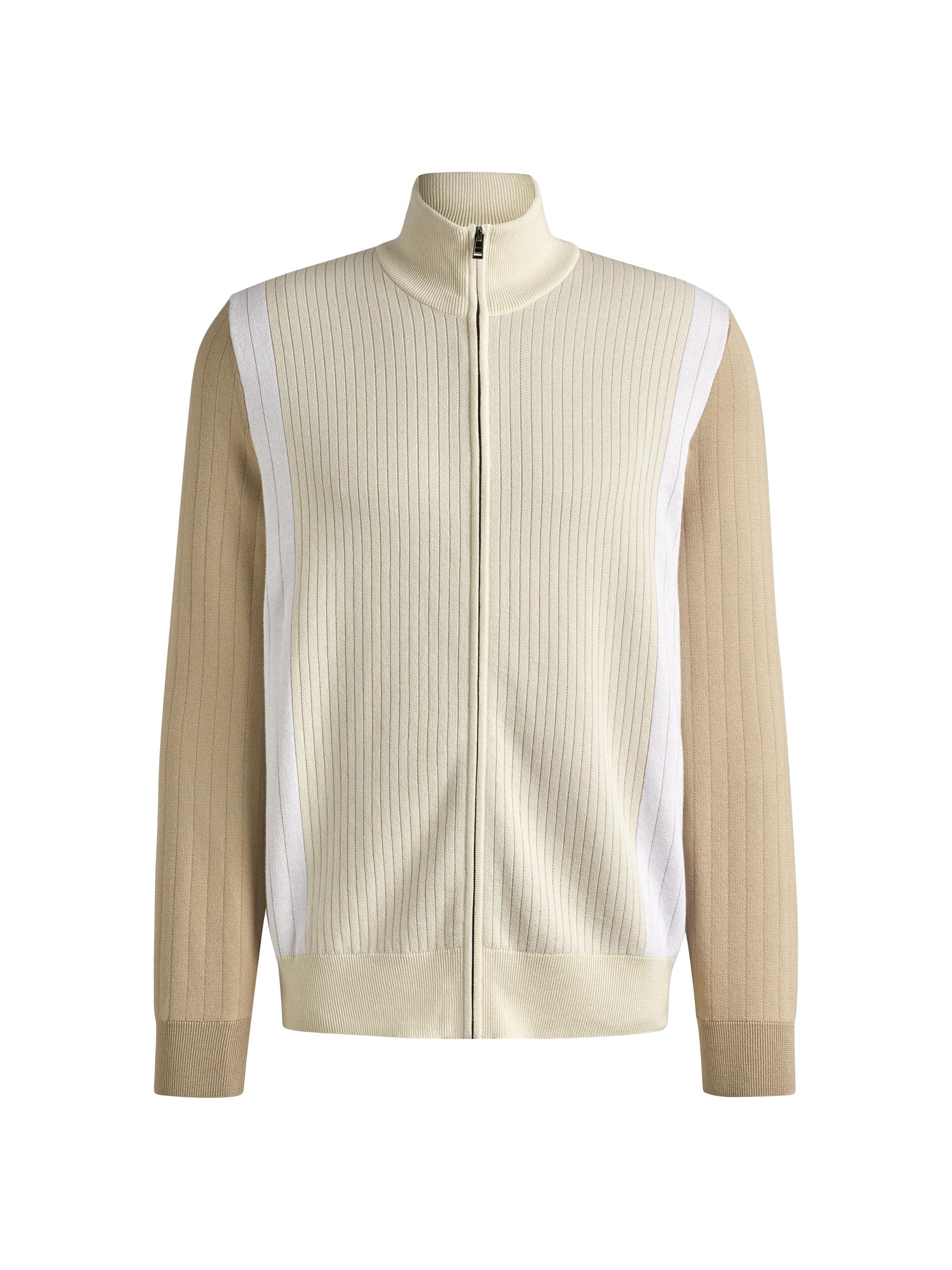 BOSS Men's Zip-Up Cotton Cardigan with Knitted Pinstripes - Open White