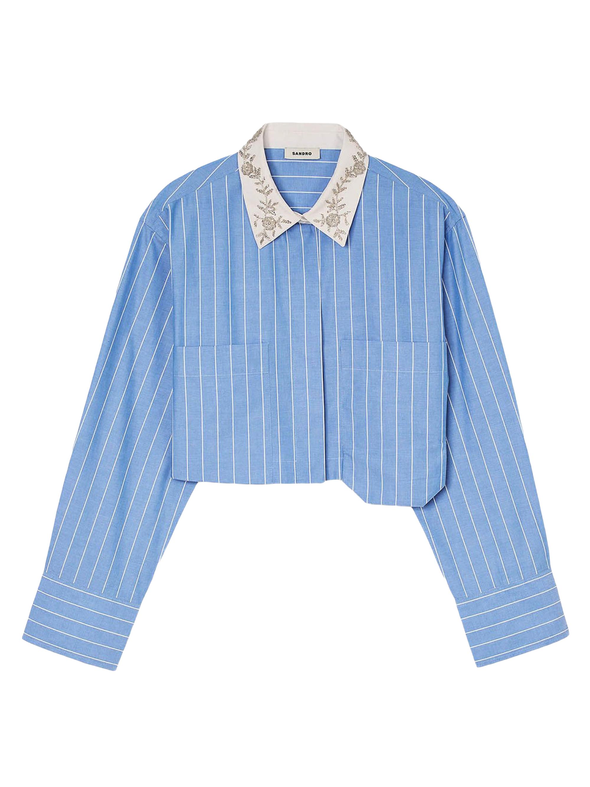 Sandro Women's Striped Cropped Shirt - Sky Blue