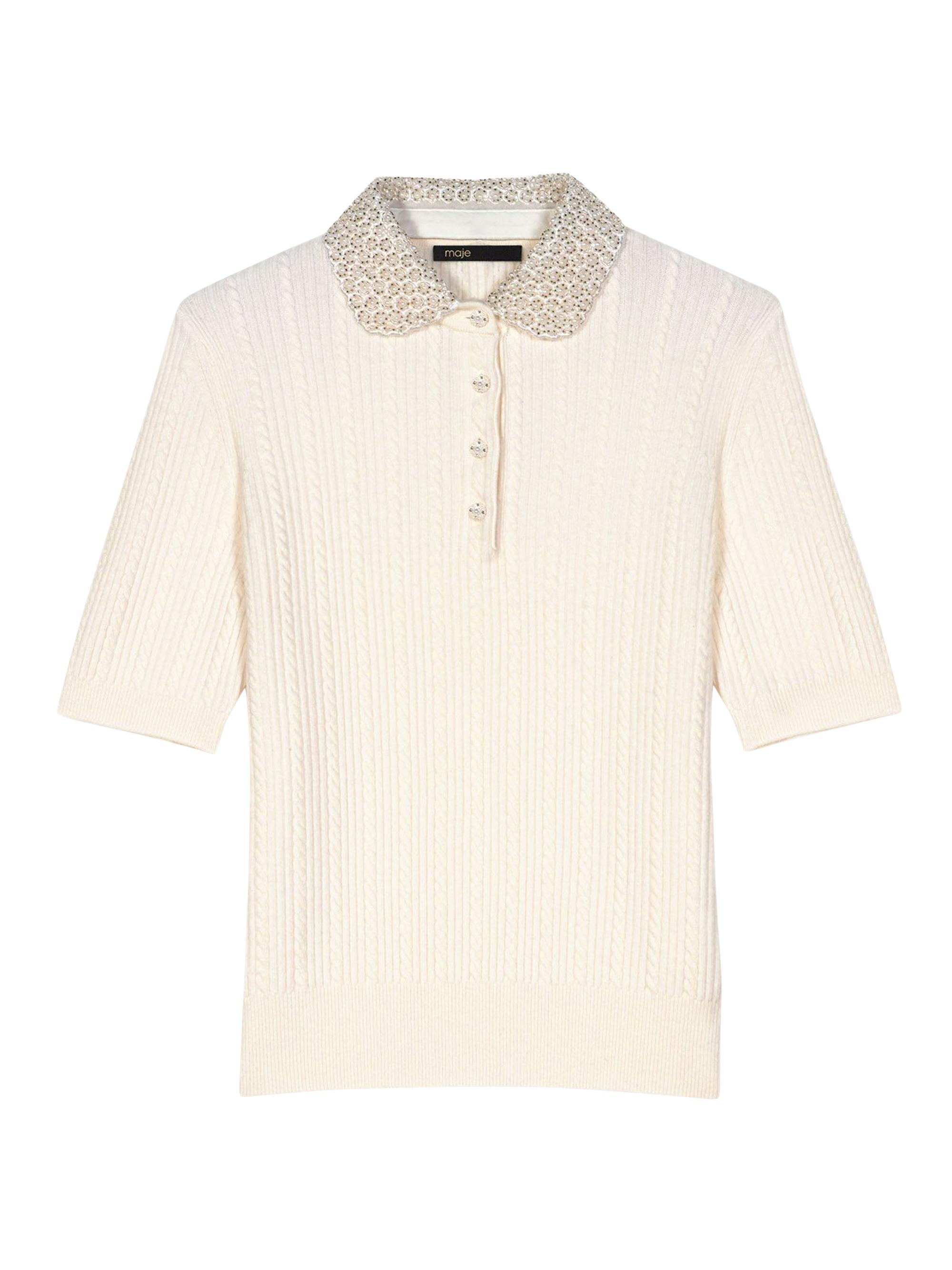 Maje Women's Jewellery Collar Knit Polo Short Sleeve Shirt - Ecru
