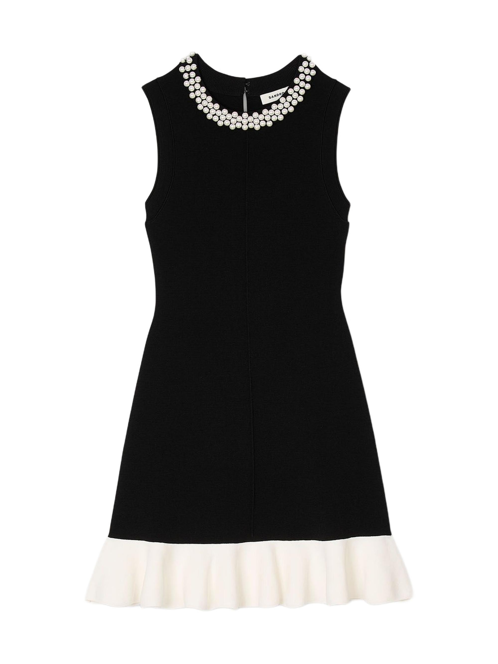Sandro Women's Short Knit Dress with Beaded Neck - Black Ecru