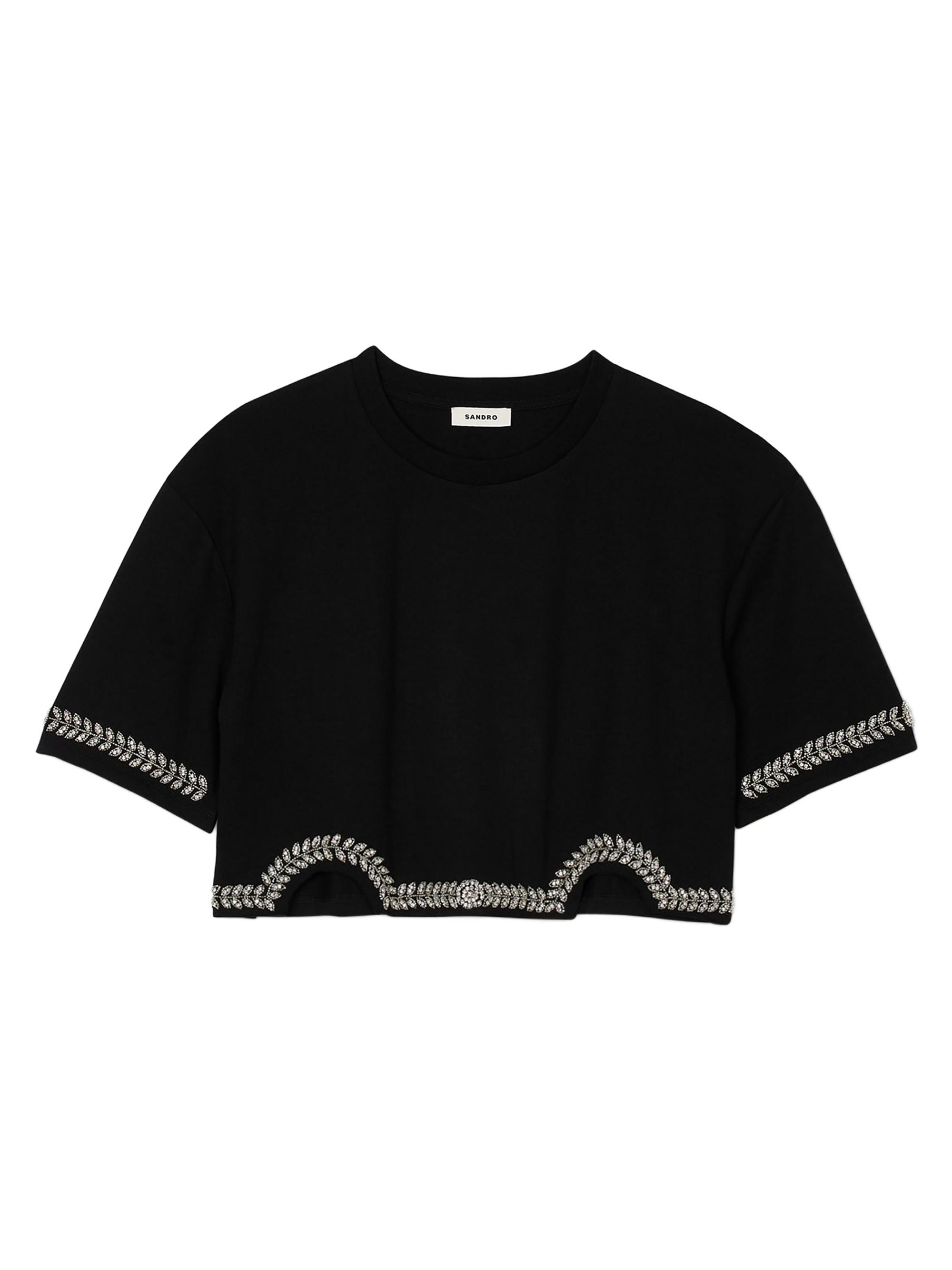 Sandro Women's Rhinestone Cropped T-Shirt - Black