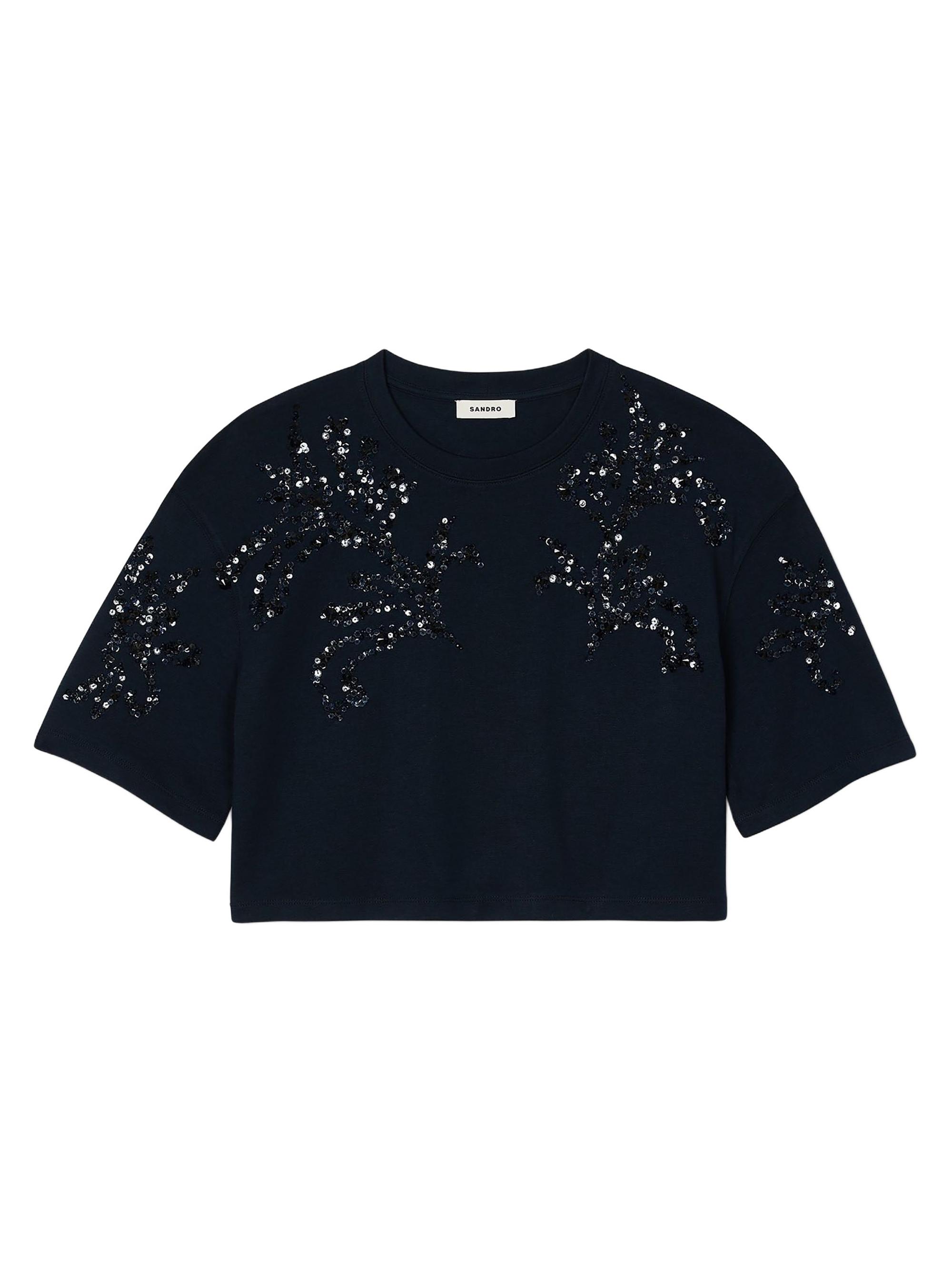 Sandro Women's T-Shirt with Beaded Details - Navy Blue