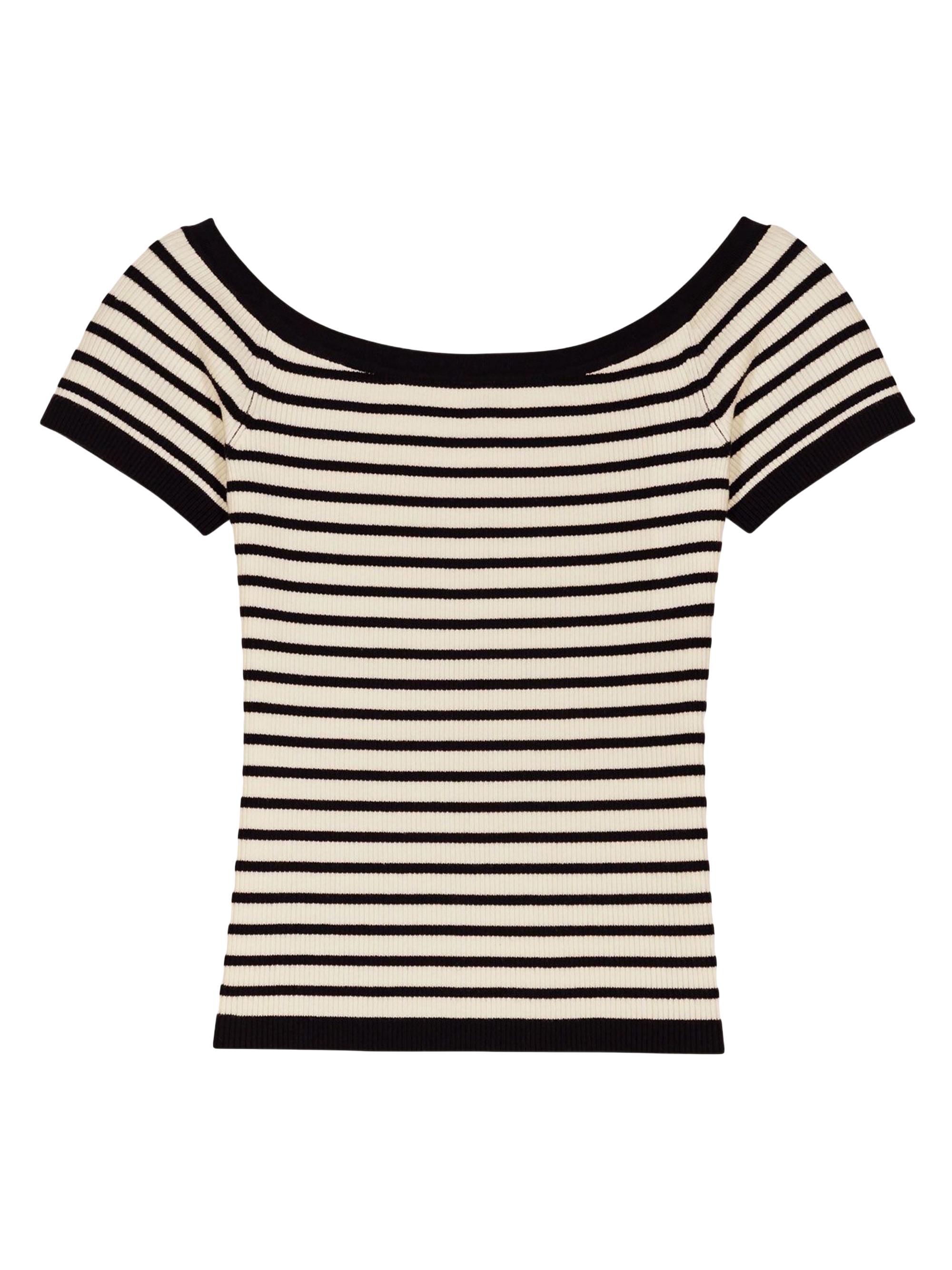 Maje Women's Rib Knit Short Sleeve Boat Neck Top - Navy Ecru