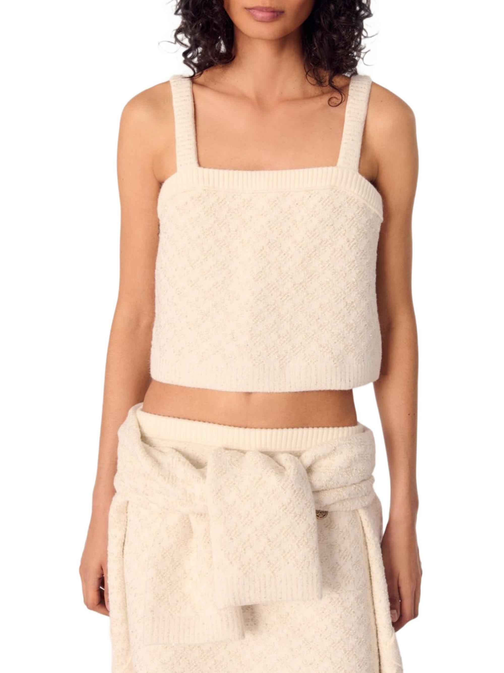 Maje Women's Tweed-Effect Knit Crop Top - Ecru