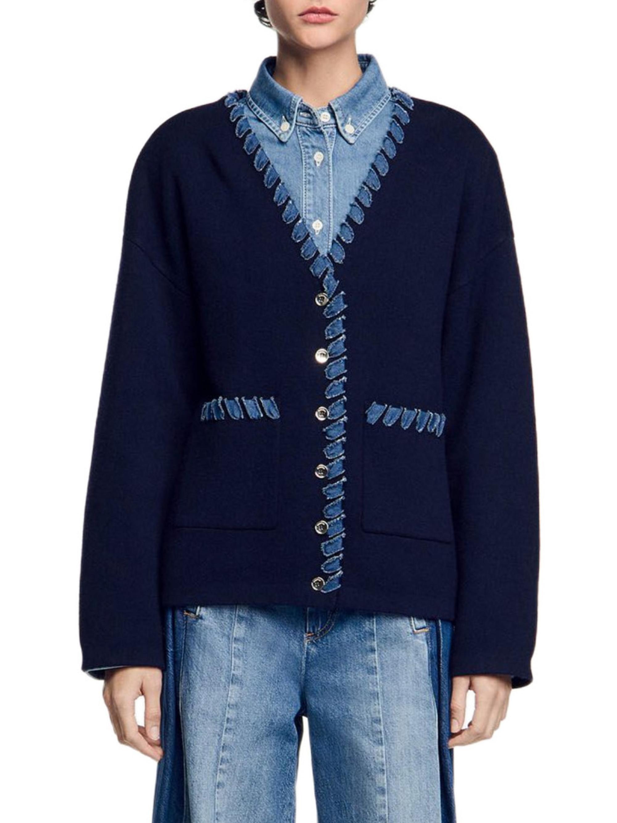 Sandro Cardigan with Denim Details | Saks Fifth Avenue