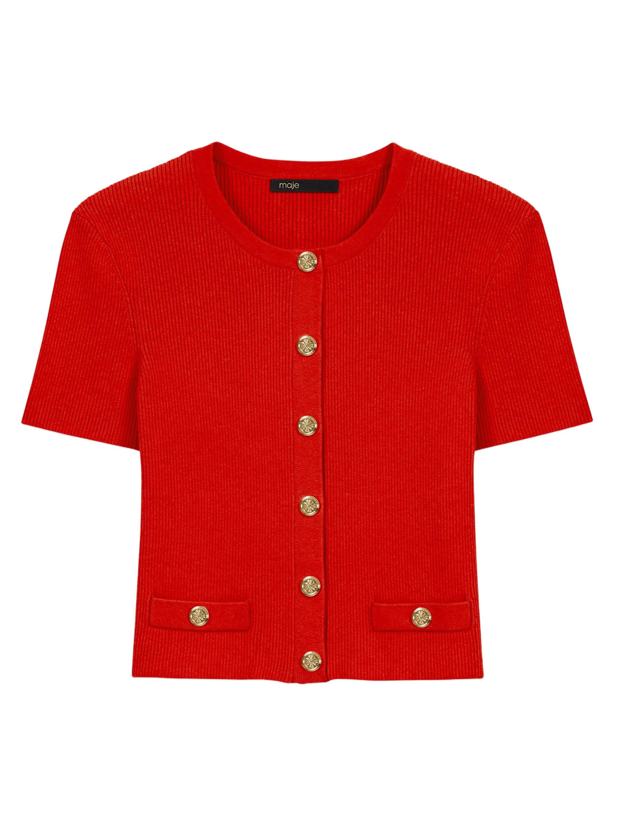 Maje Women's Cropped Short Sleeve Cardigan with Gold Buttons - Red