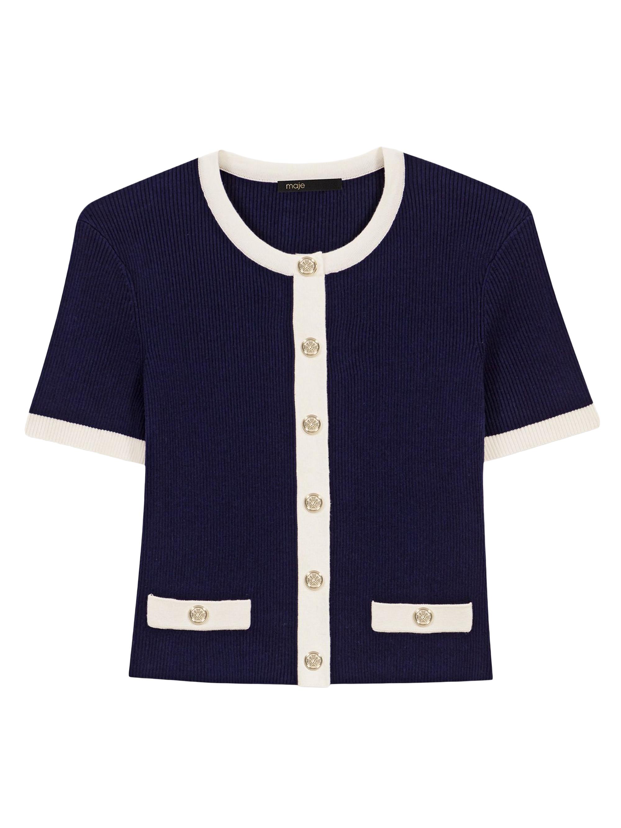 Women's Contrasting Cropped Short Sleeve Cardigan Navy Ecru