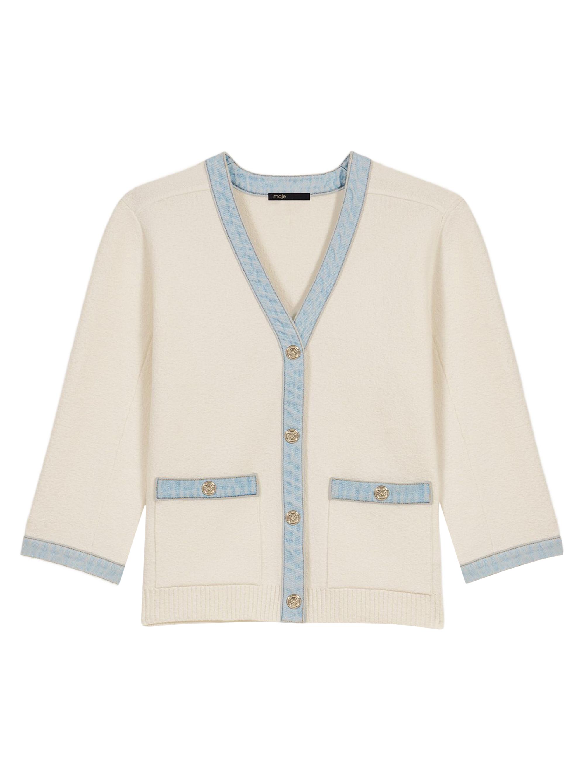 Maje Women's Long Sleeve Cardigan with Denim Details - Ecru