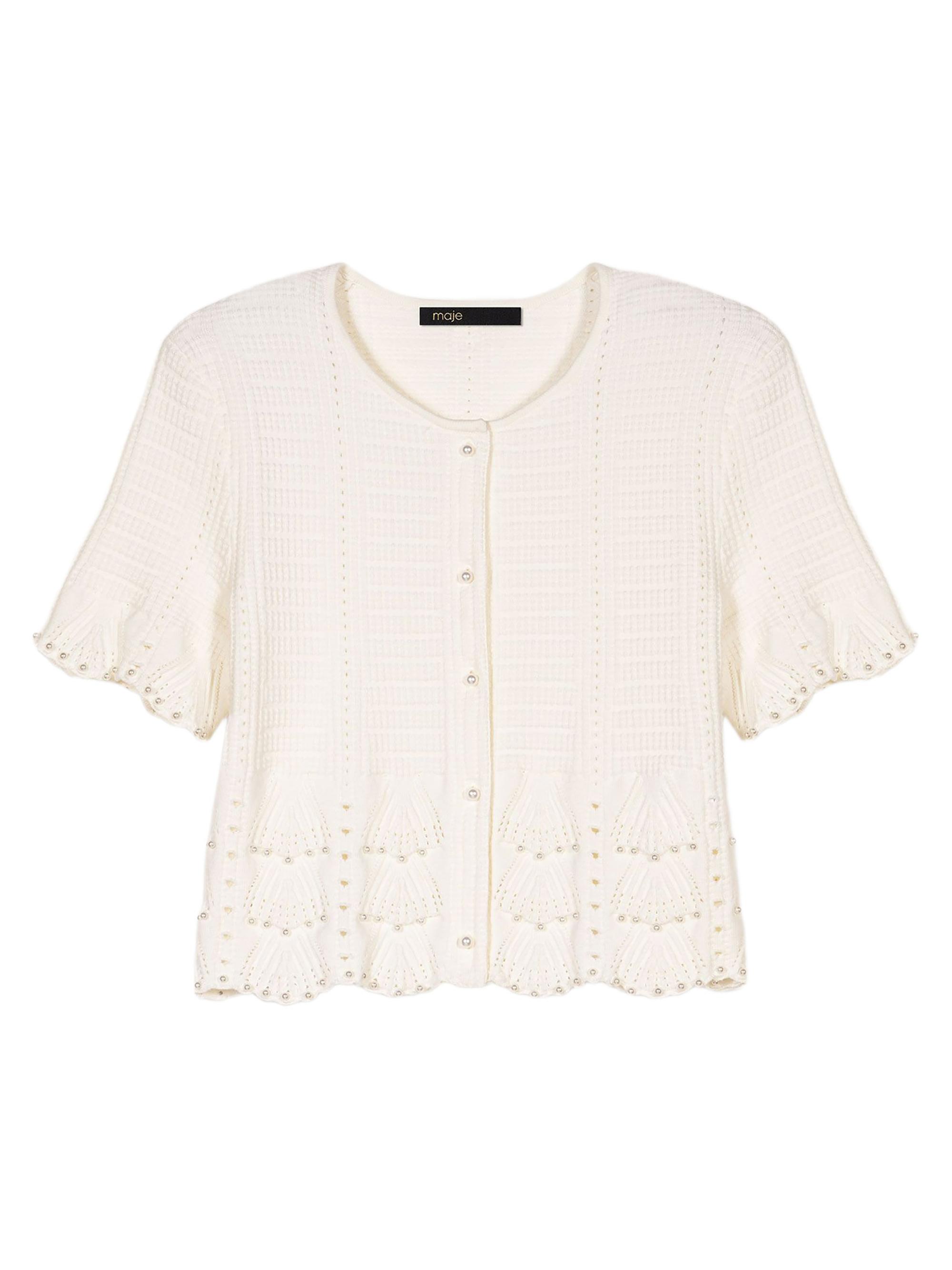 Maje Women's Beaded Pointelle Knit Short Sleeve Cardigan - White