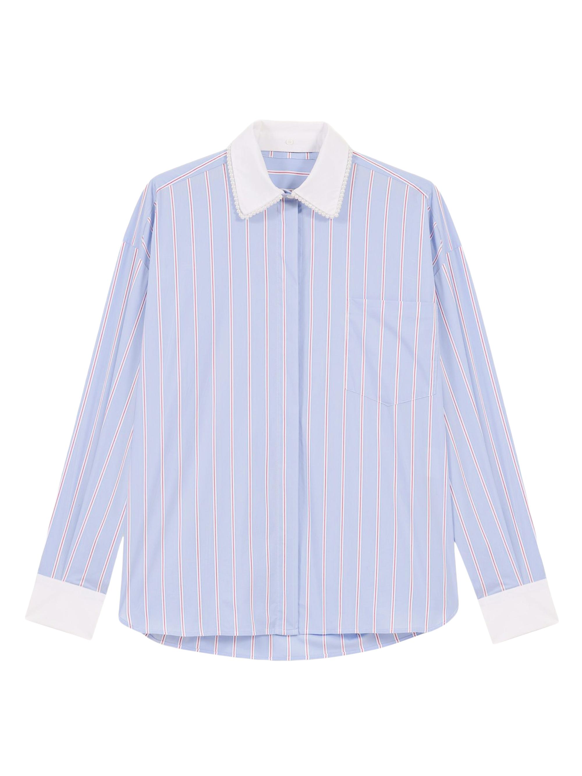 Maje Women's Striped Shirt with Beaded Collar - Light Blue Stripes