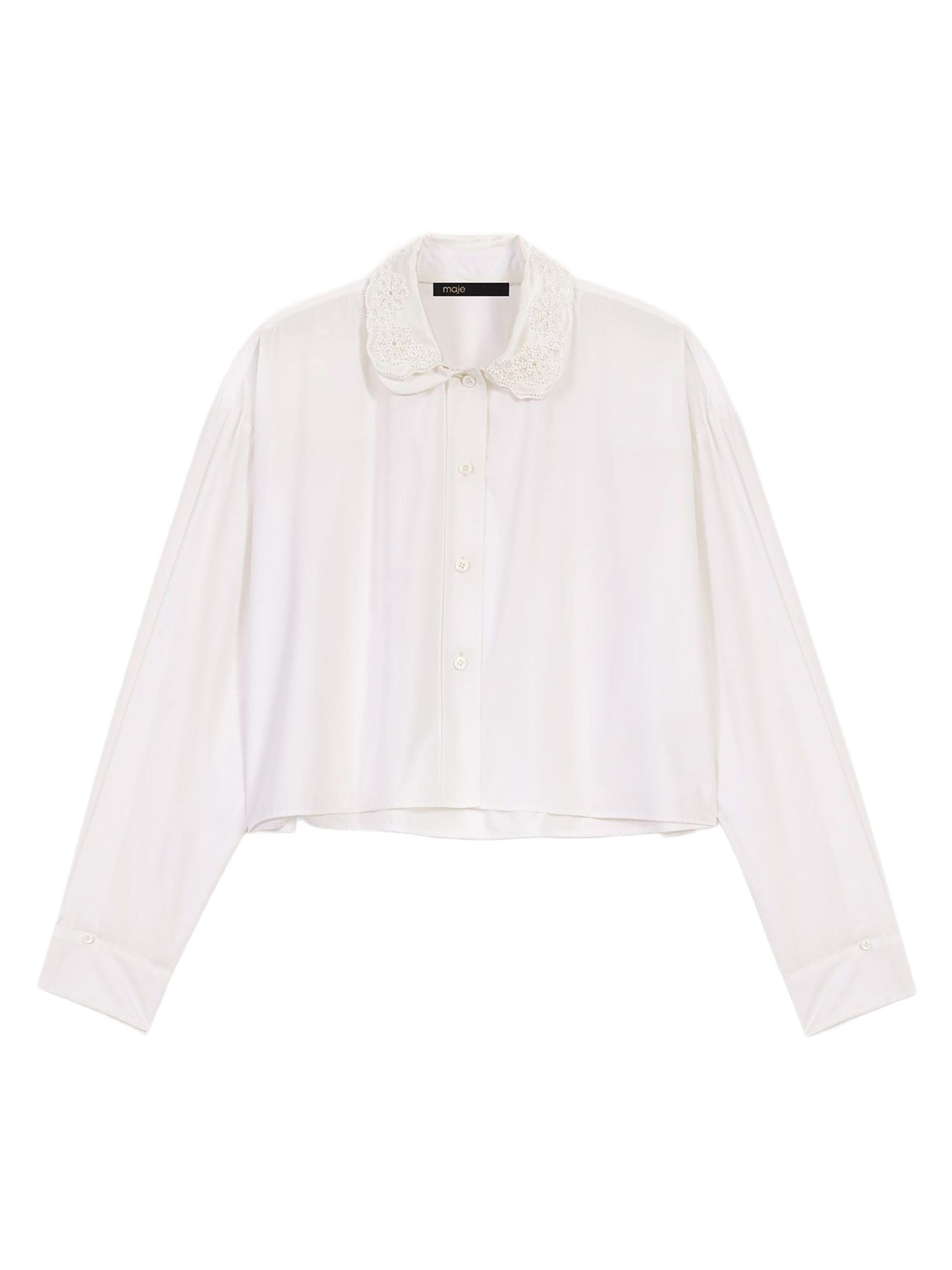 Maje Women's Short Shirt with Embroidered Collar - White