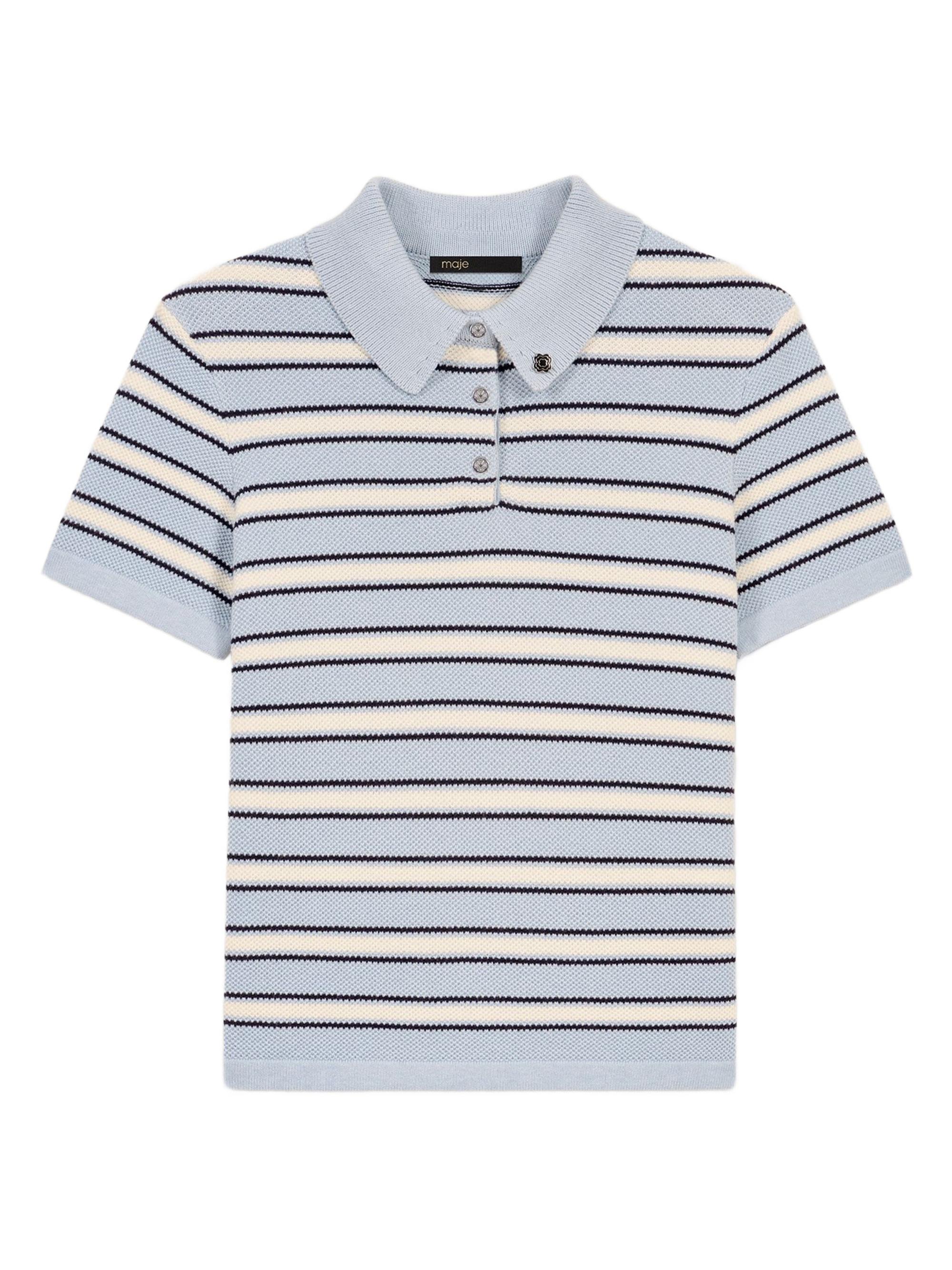 Maje Women's Striped Knit Polo Short Sleeve Shirt - Light Blue Stripes