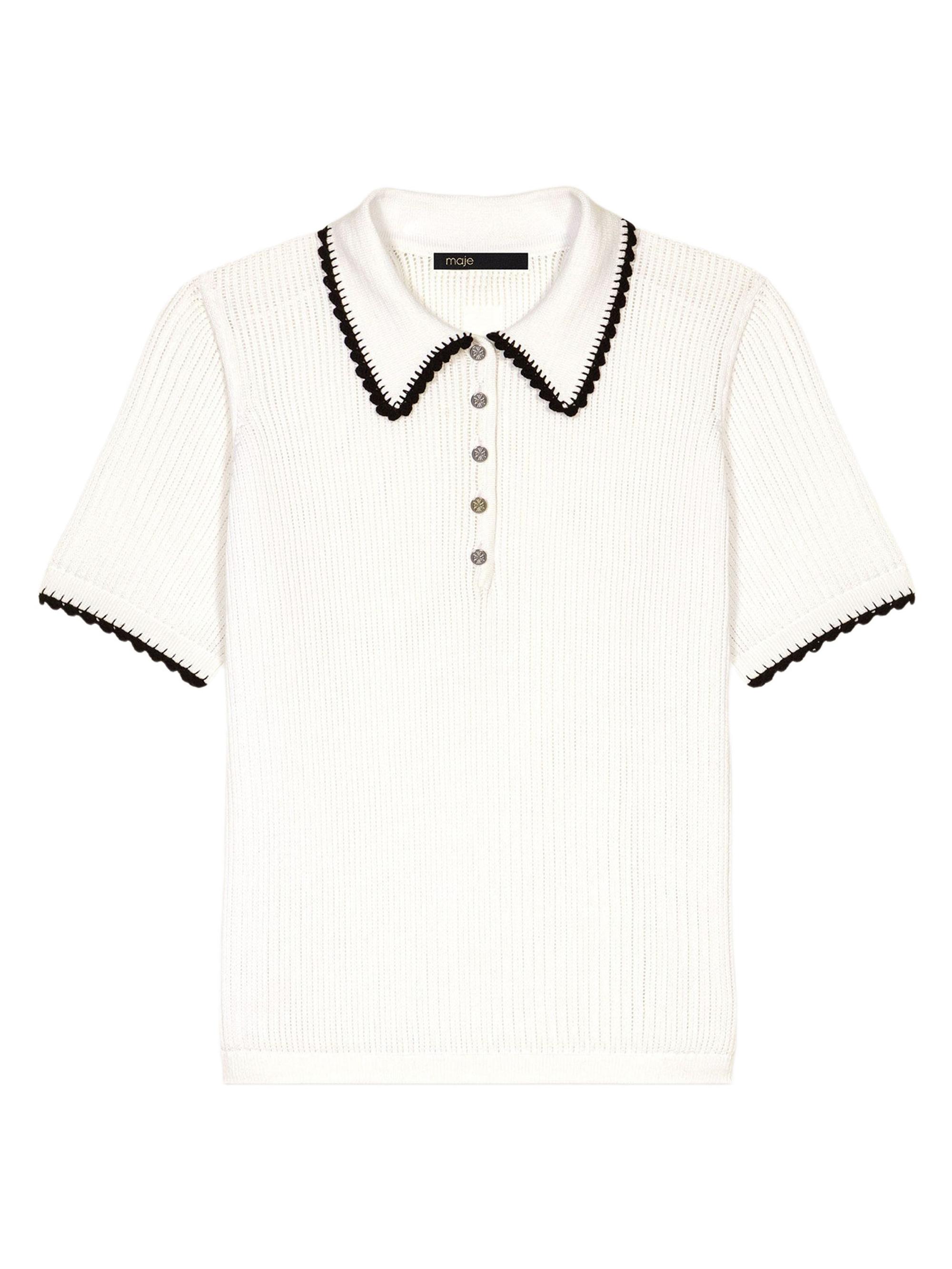 Maje Women's Pointelle Knit Crochet Polo Shirt - White Black