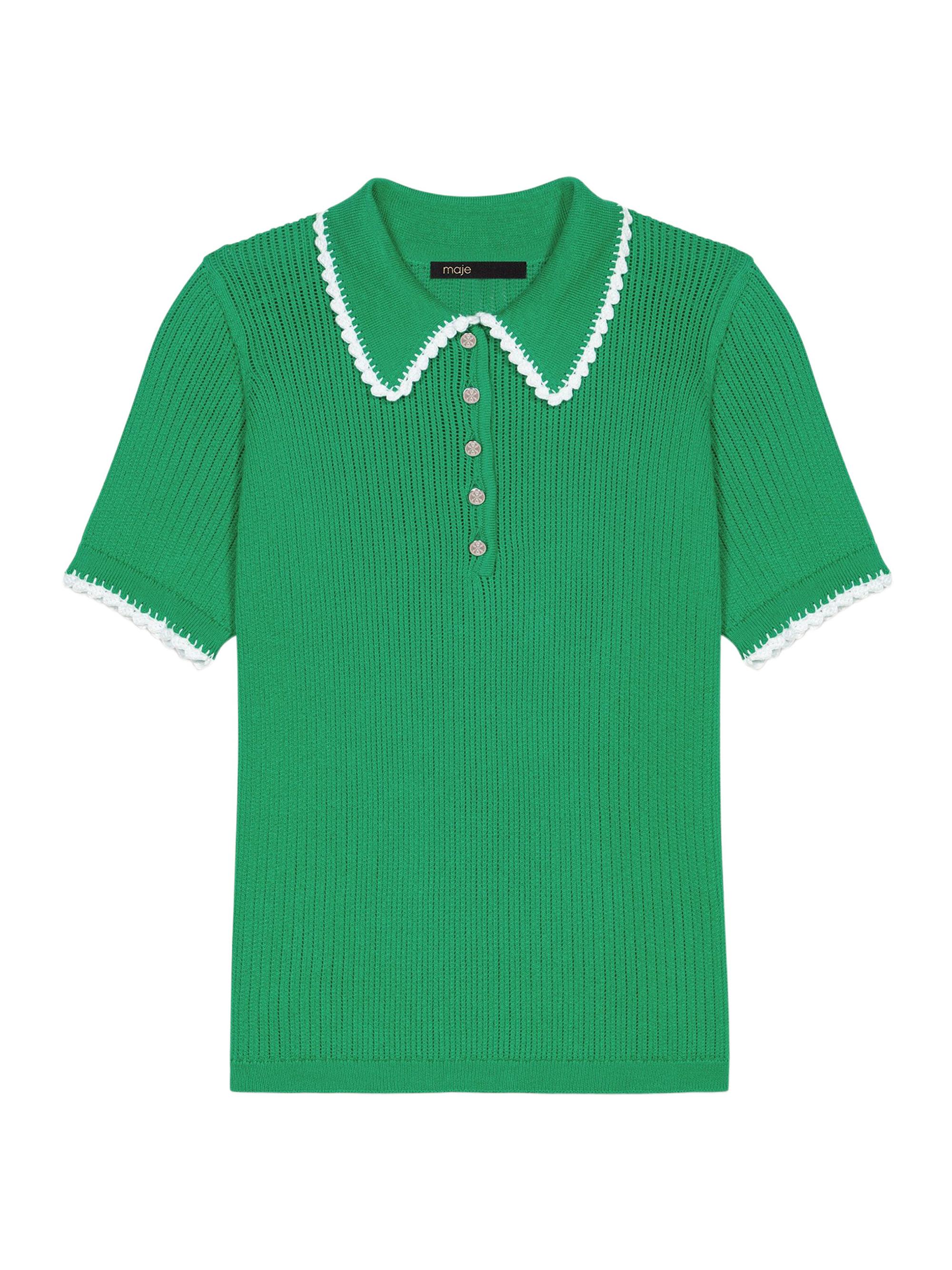 Maje Women's Pointelle Knit Crochet Polo Shirt - Green White