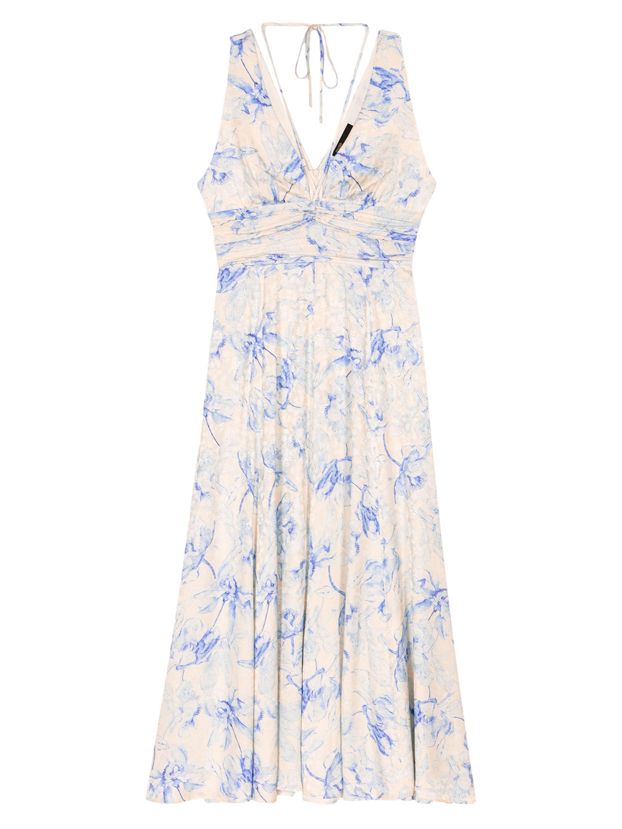 Maje Women's Patterned Maxi Dress with Lacing - Blue Flower Print Ecru Base