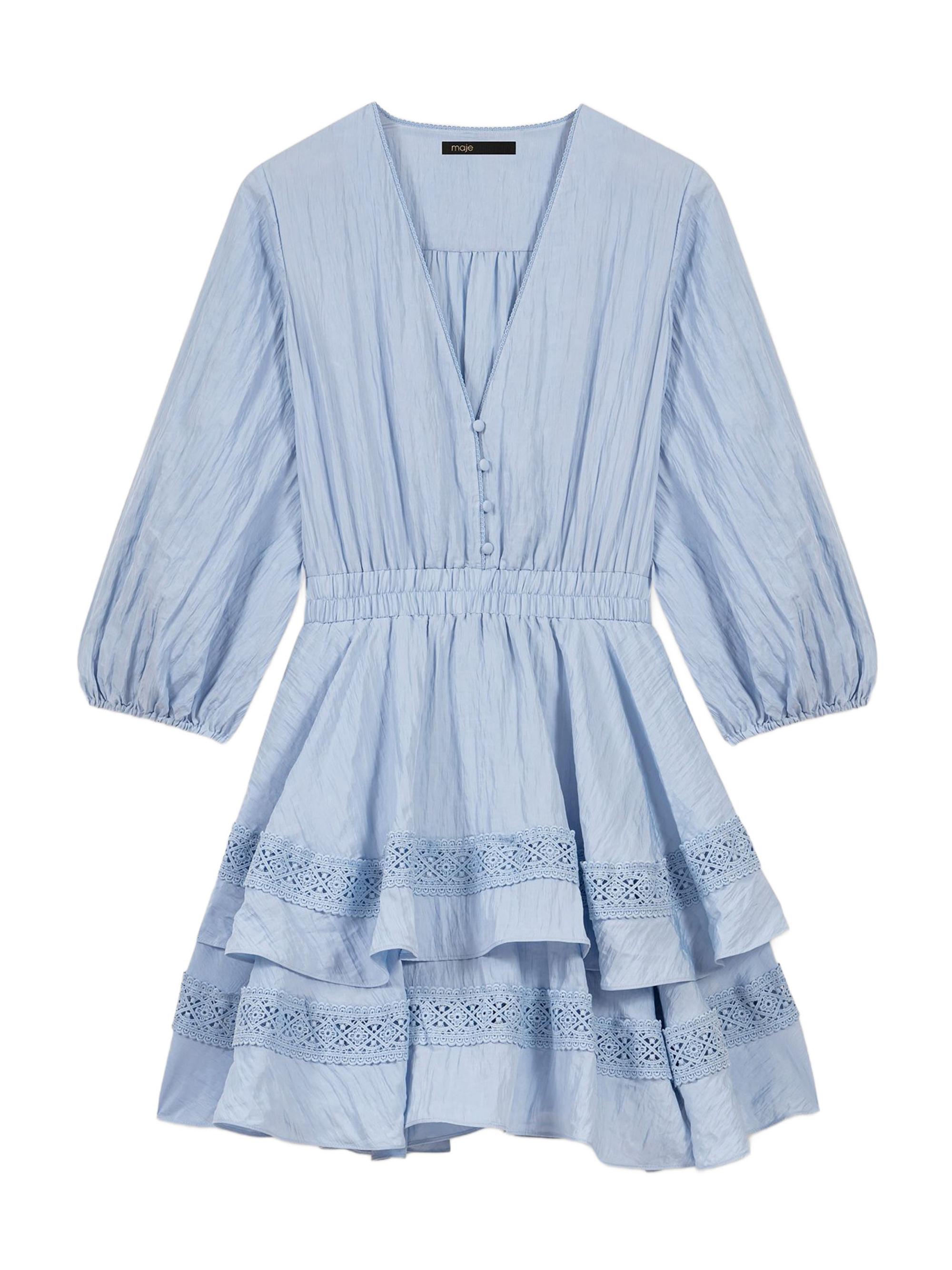 Maje Women's Dress with Ruffles and Lace Details - Blue Sky