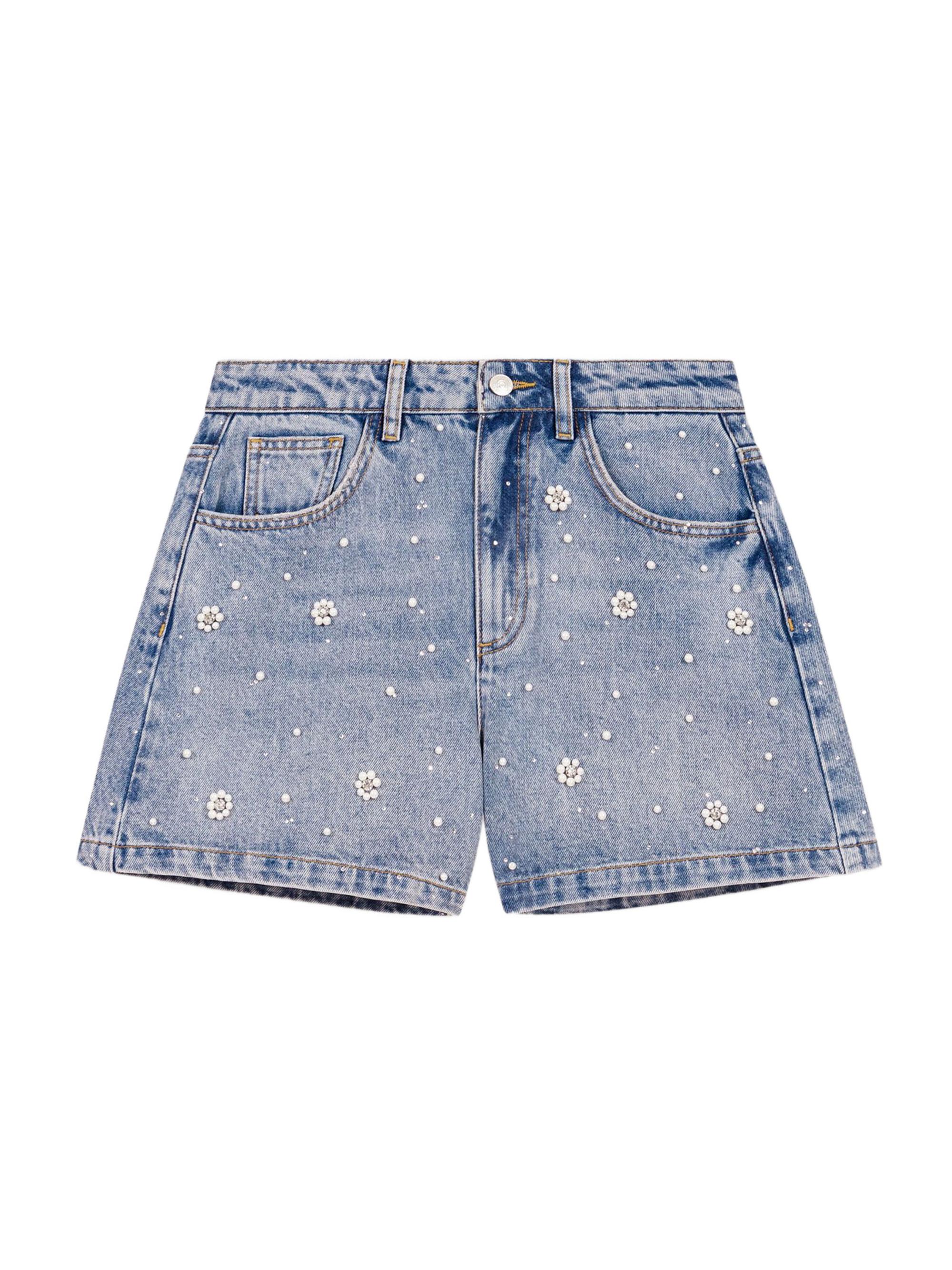 Maje Women's Denim Shorts with Embroidered Beads - Blue