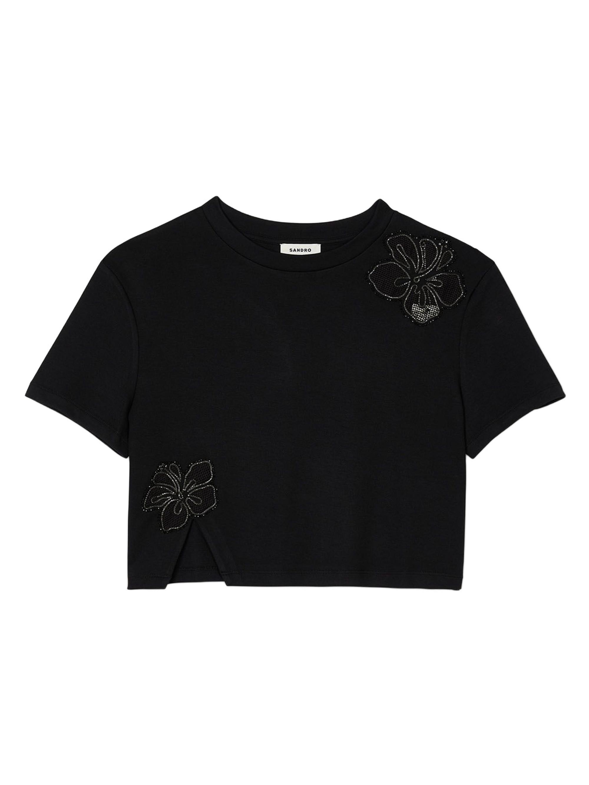 Sandro Women's Floral Embroidery T-Shirt - Black