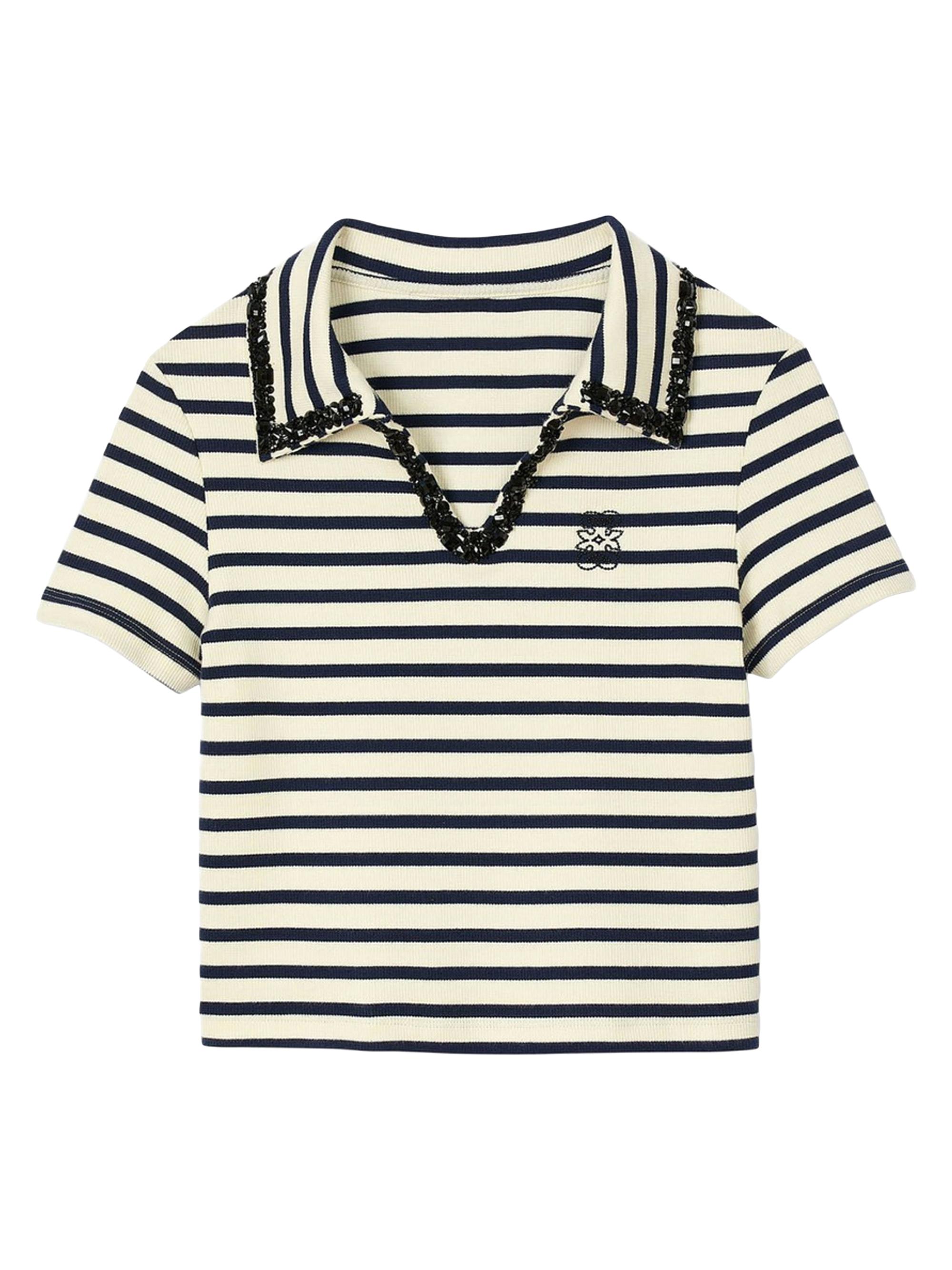 Sandro Women's Striped Polo Shirt - Ecru Navy
