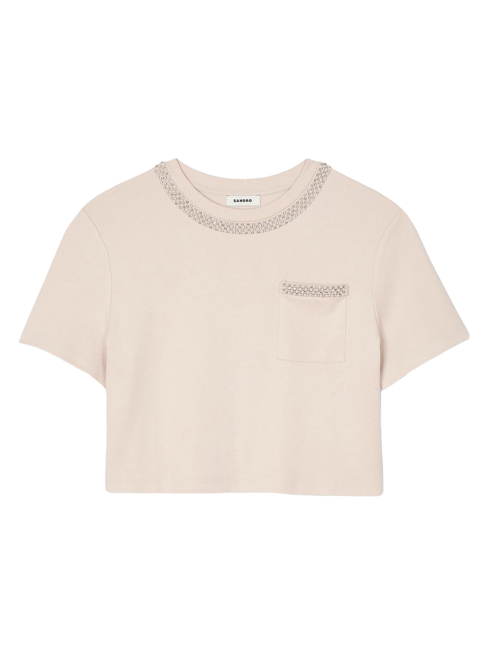 Sandro Women's T-Shirt with Rhinestone Details - Beige