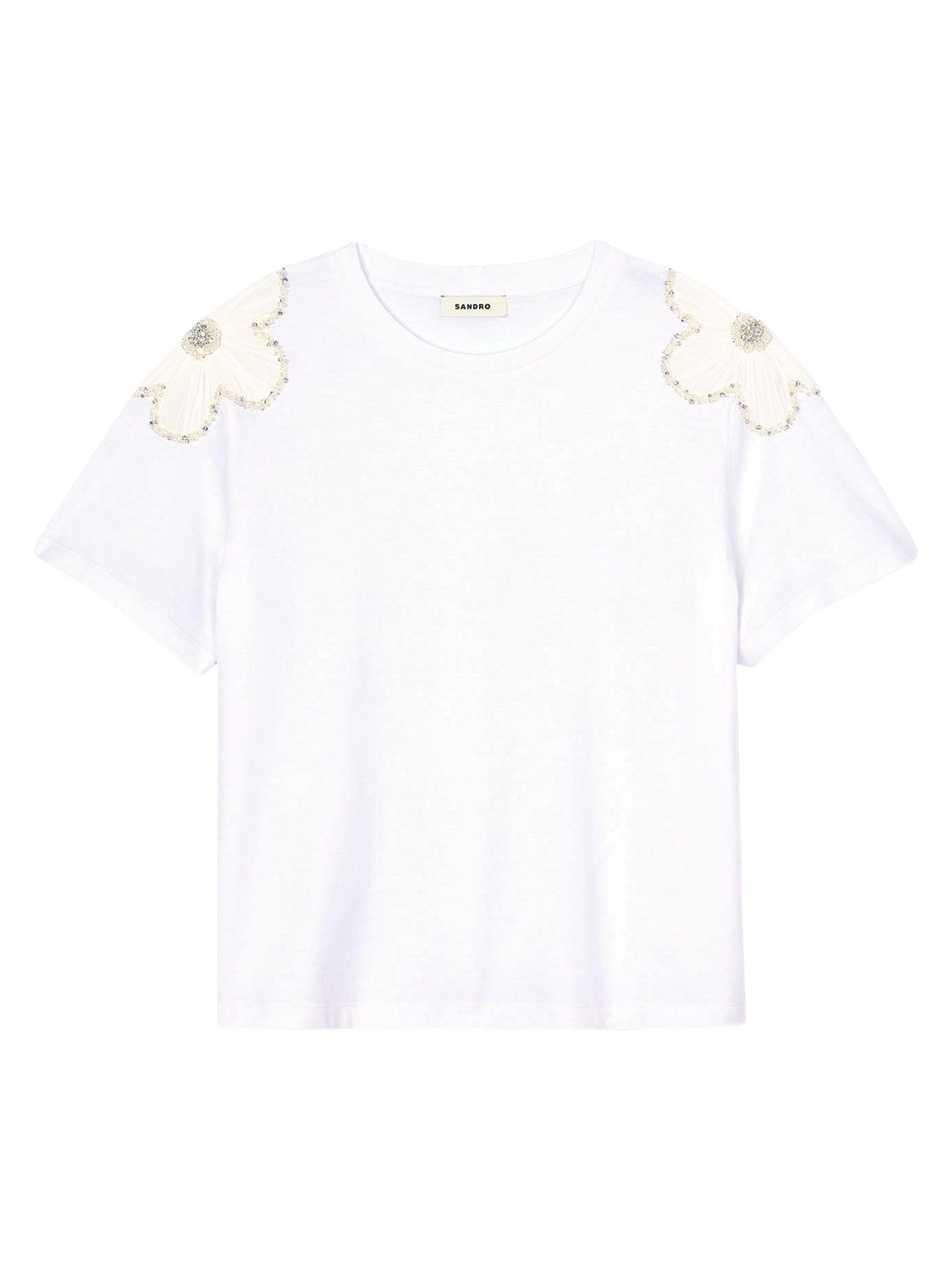 Sandro Women's T-Shirt with Embroidered Flowers - White