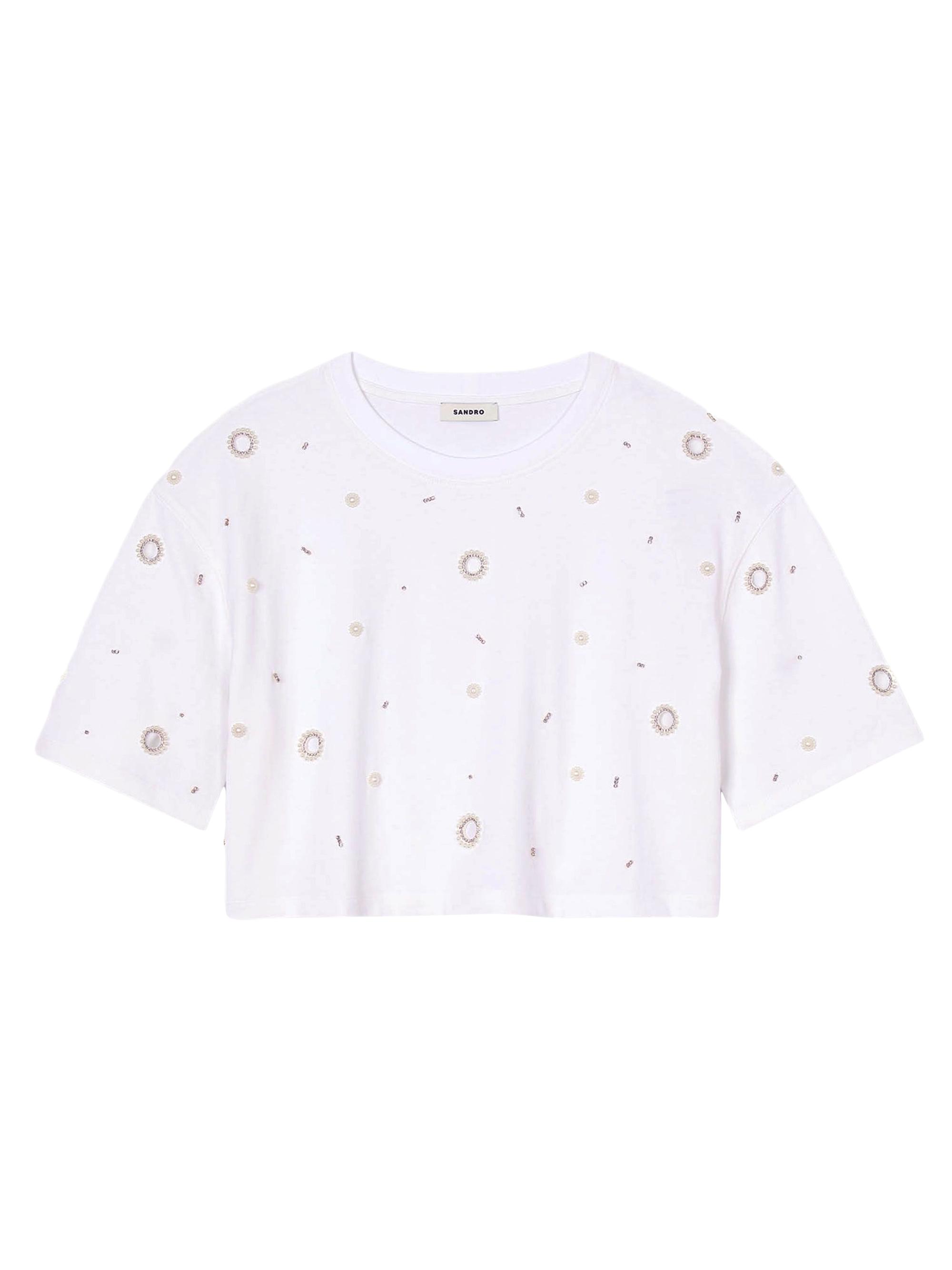 Sandro Women's Cropped Pearl Bead T-Shirt - White