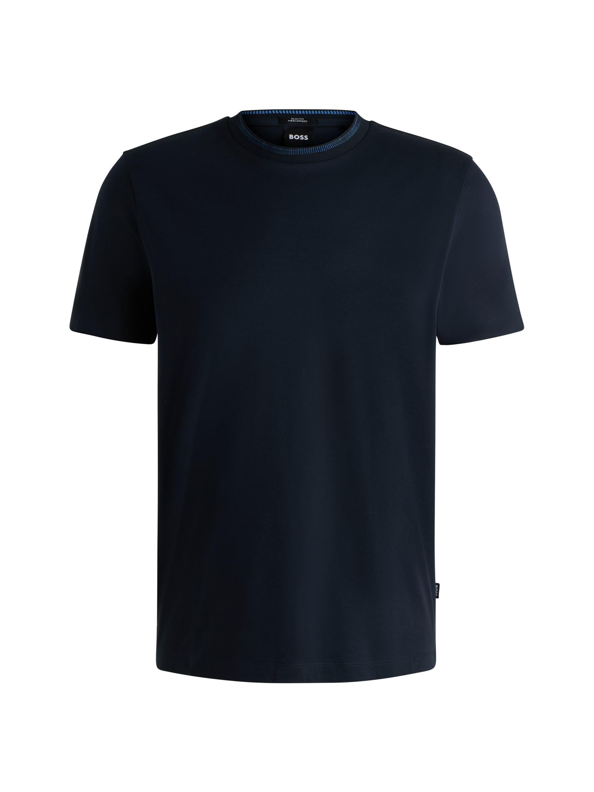 BOSS Men's Mercerized-Cotton Slim-Fit T-Shirt with Collar Stripe - Dark Blue