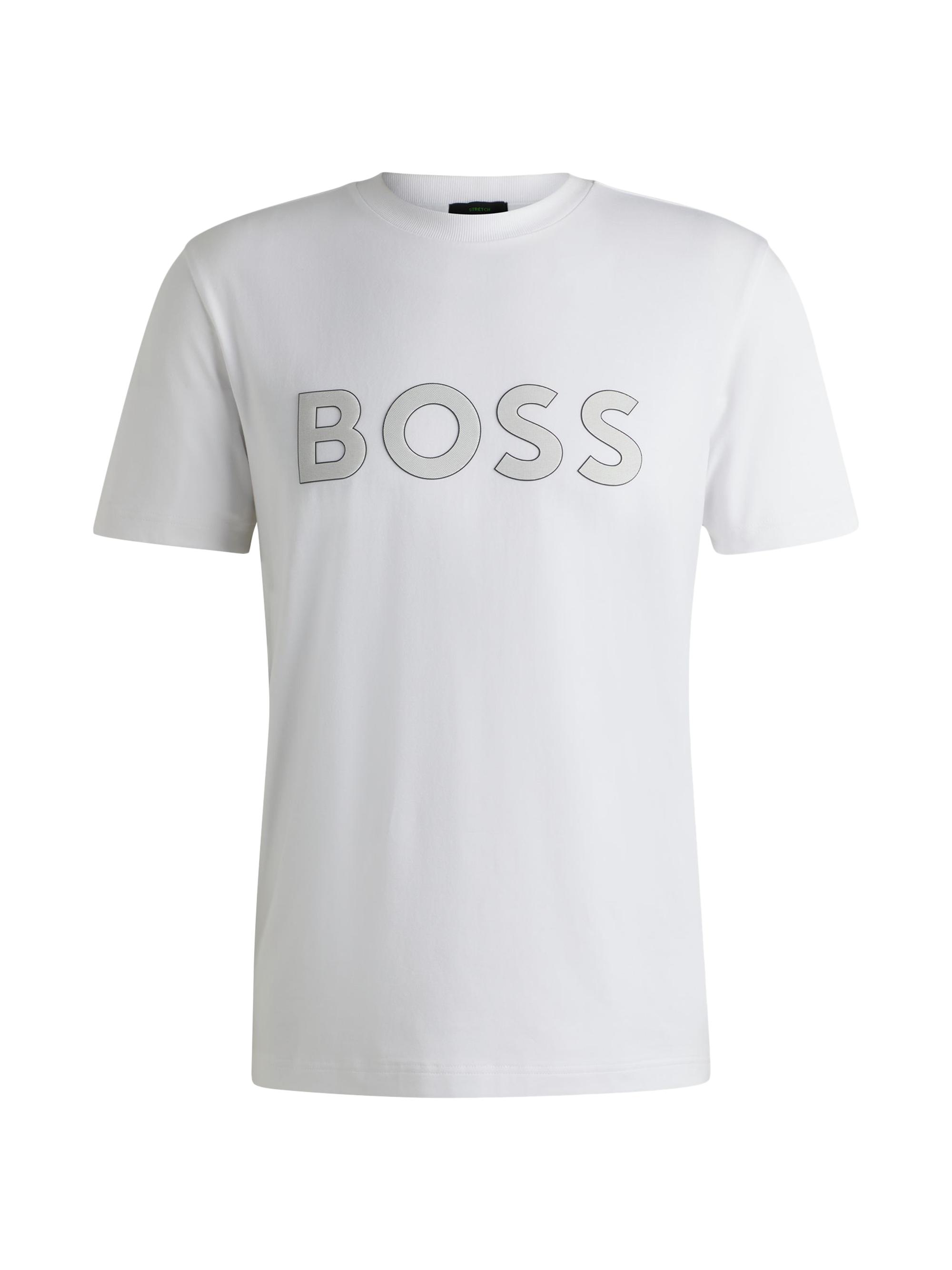 BOSS Men's Stretch-Cotton T-Shirt with Large Logo - White