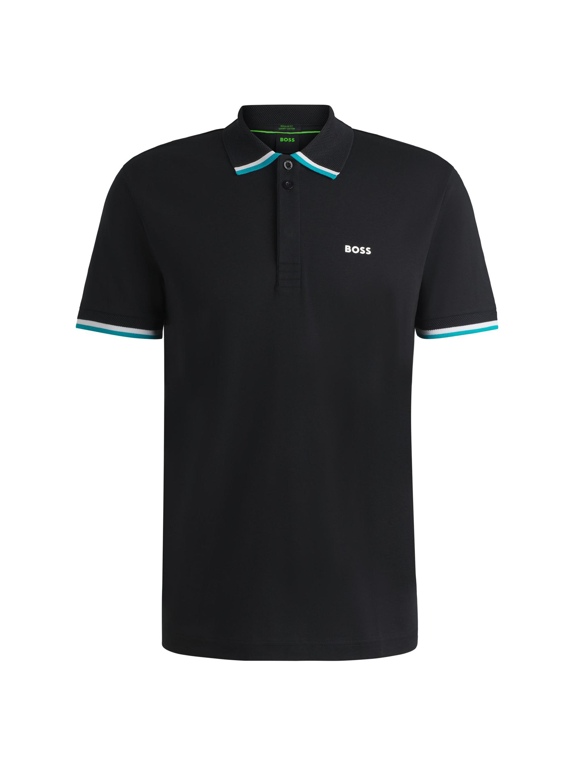 BOSS Men's Paddy Knit Polo Shirt in Cotton with Striped Trims - Black