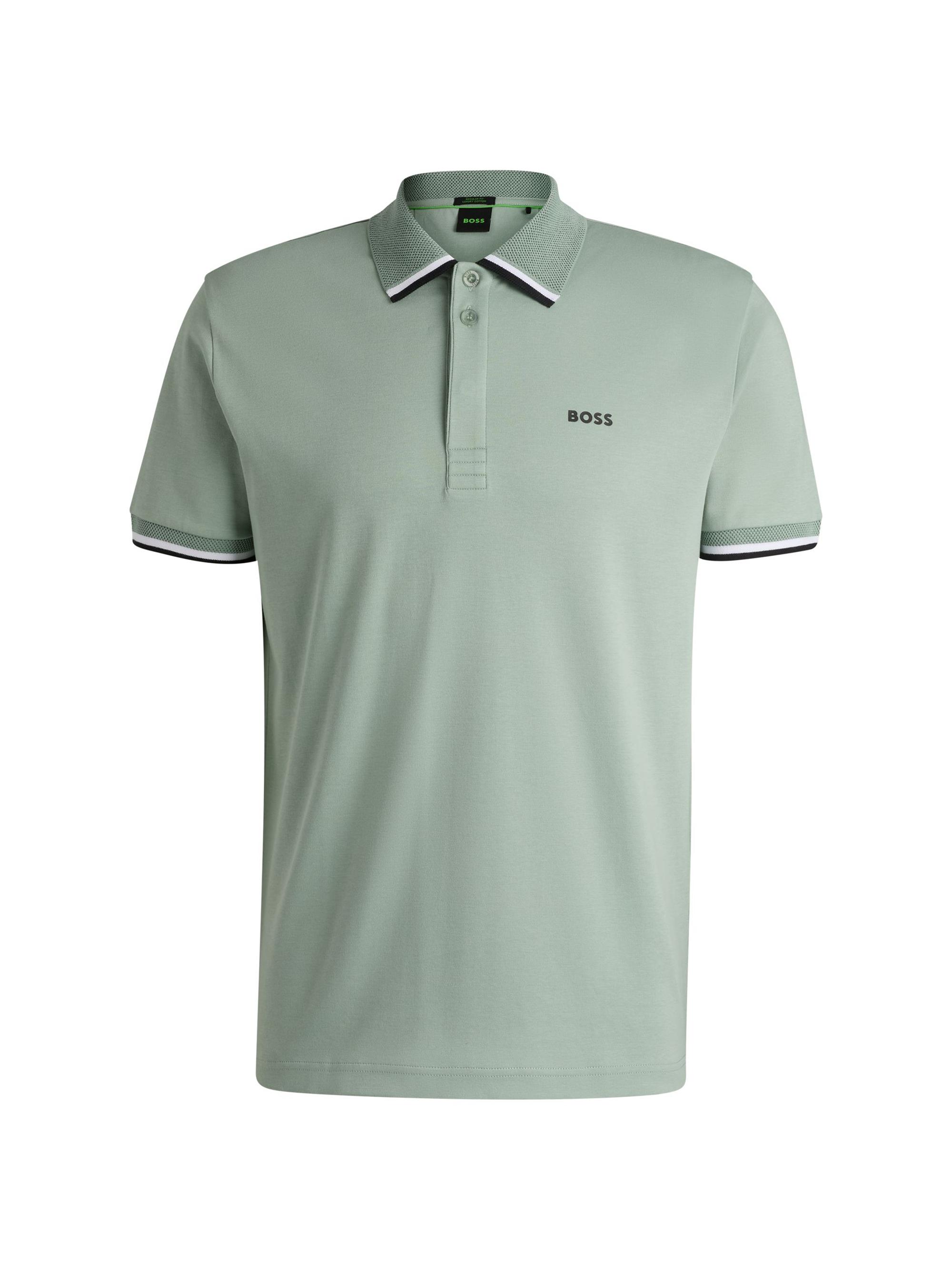 BOSS Men's Paddy Knit Polo Shirt in Cotton with Striped Trims - Green