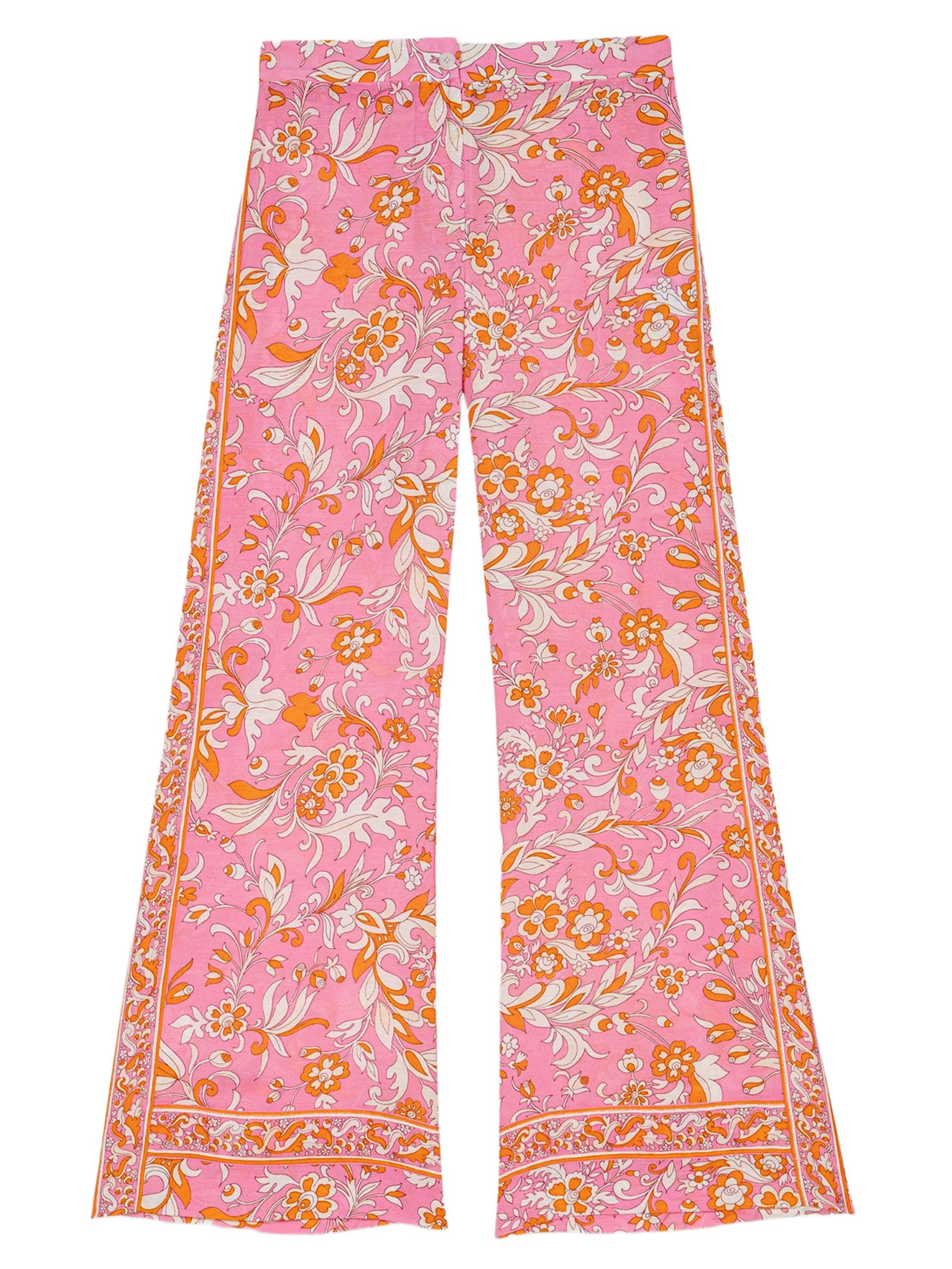 Maje Women's Patterned Linen Trousers - Orange Pink Flowers Print