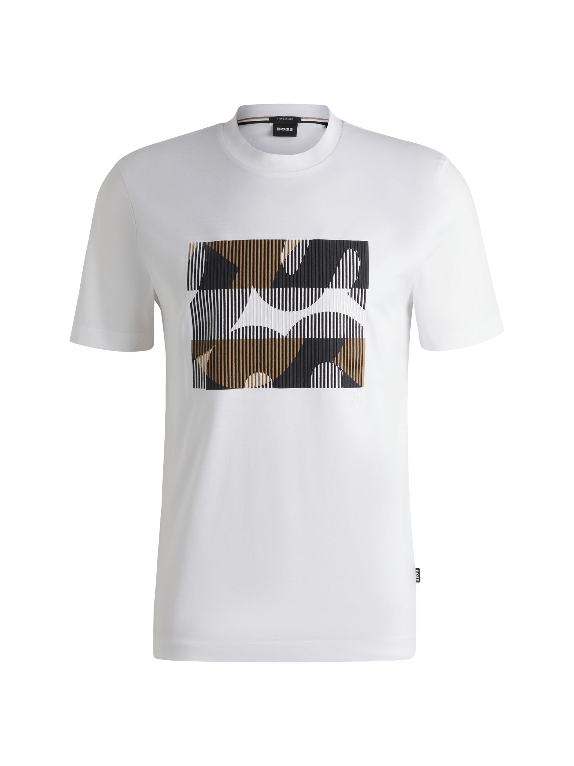 BOSS Men's Mercerized-Cotton T-Shirt with Brand Artwork - White