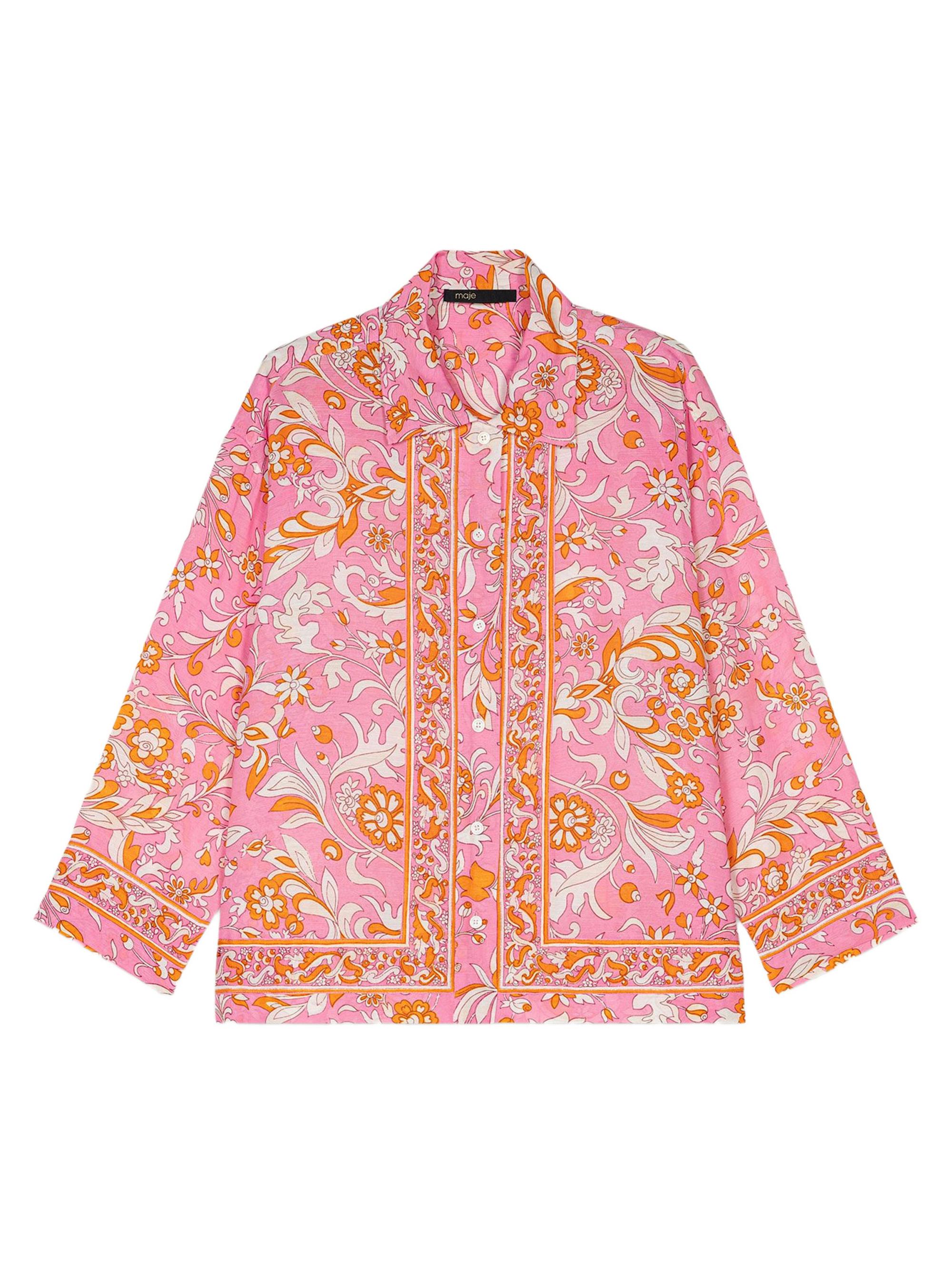 Maje Women's Patterned Flowing Linen Shirt - Orange Pink Flowers Print