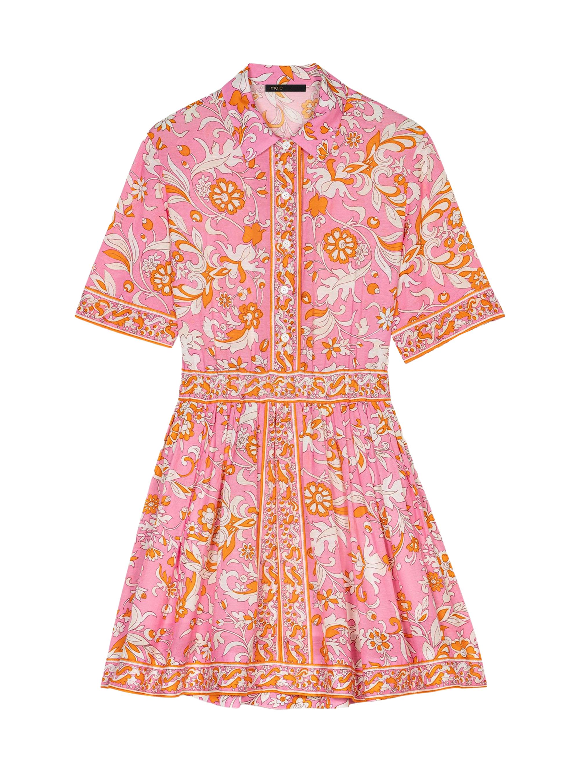 Maje Women's Mini Flowing Patterned Dress - Orange Pink Flowers Print