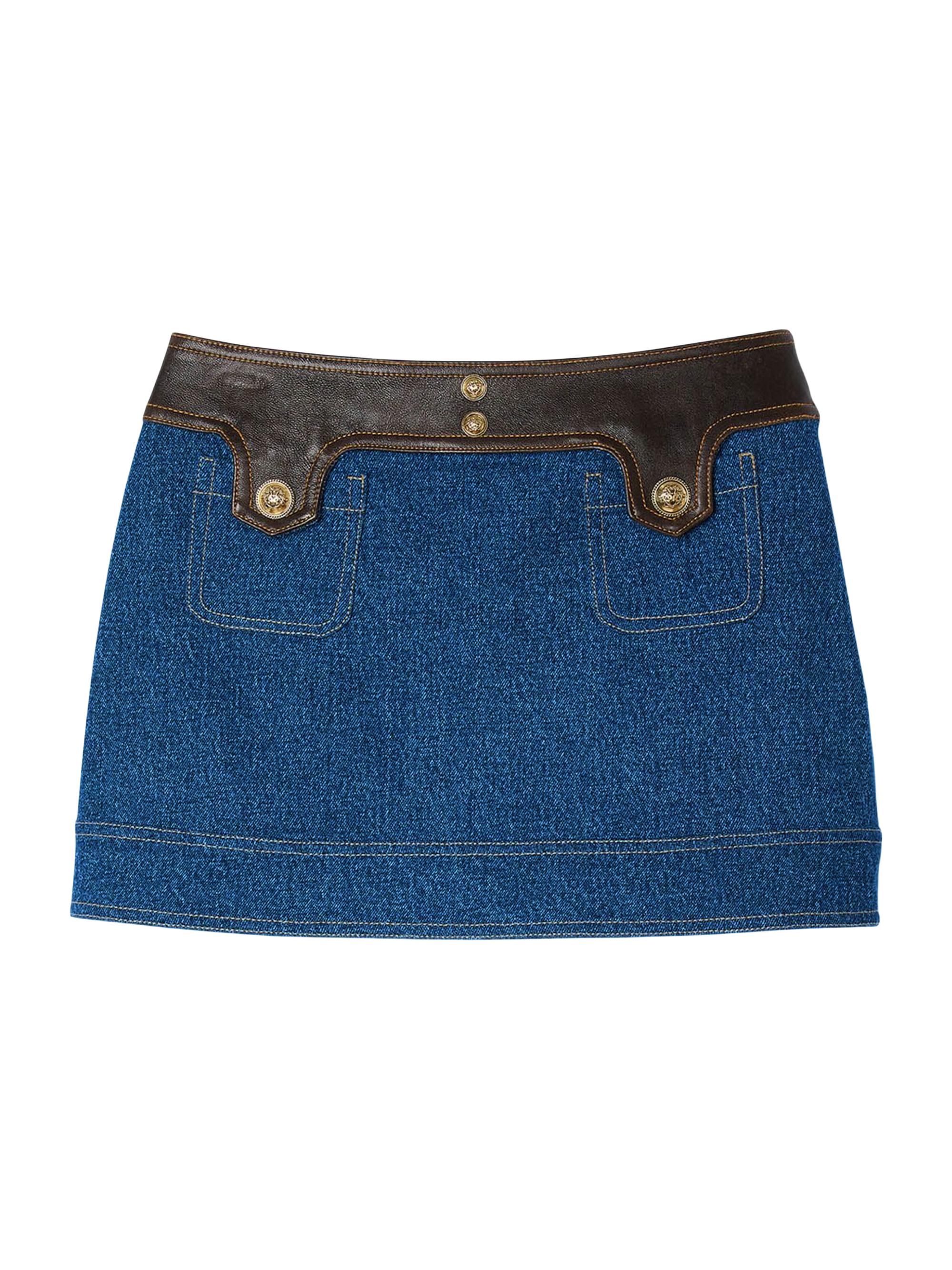 Sandro Women's Short Denim and Leather Skirt - Dark Blue