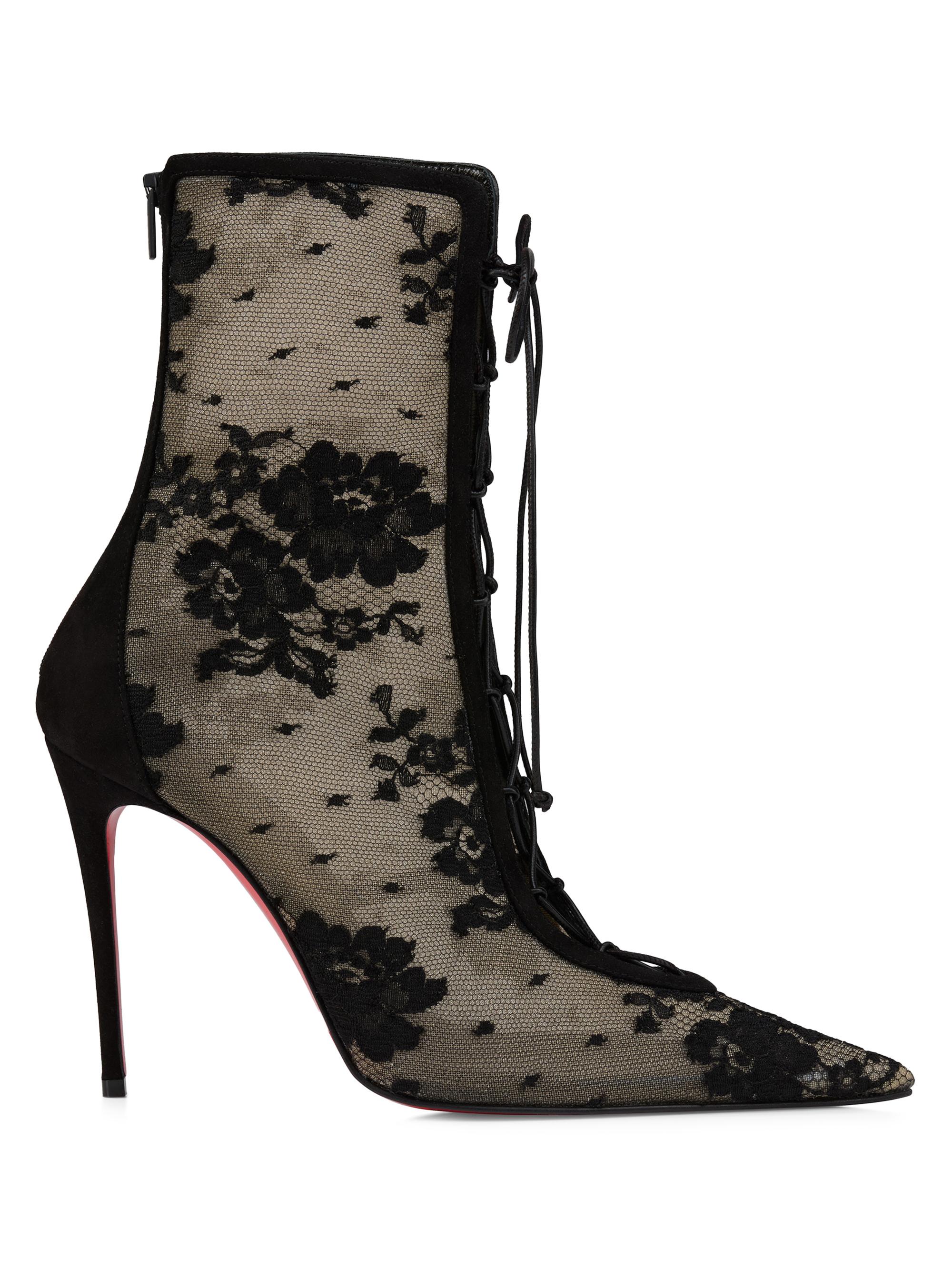 Christian Louboutin Women's Km 100MM Lace and Leather Boots - Black