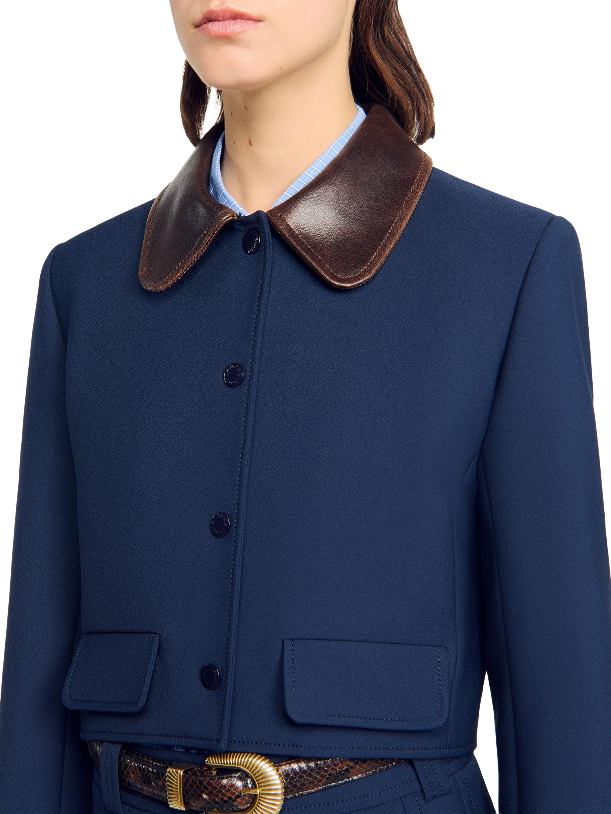 Sandro Cropped Jacket with Leather Collar | Saks Fifth Avenue