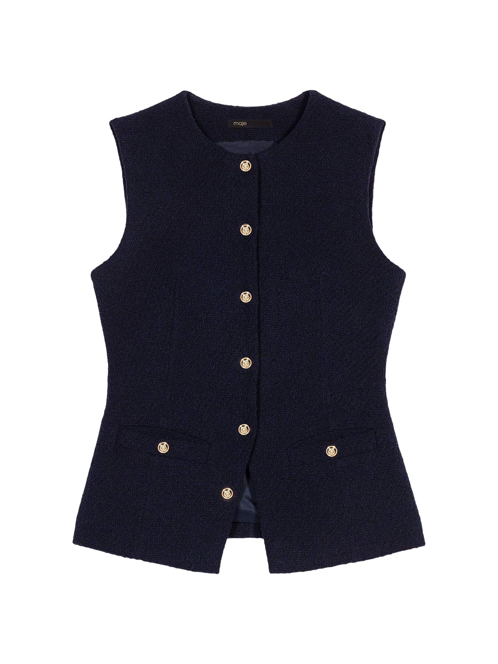 Maje Women's Long Sleeveless Tweed Jacket - Navy