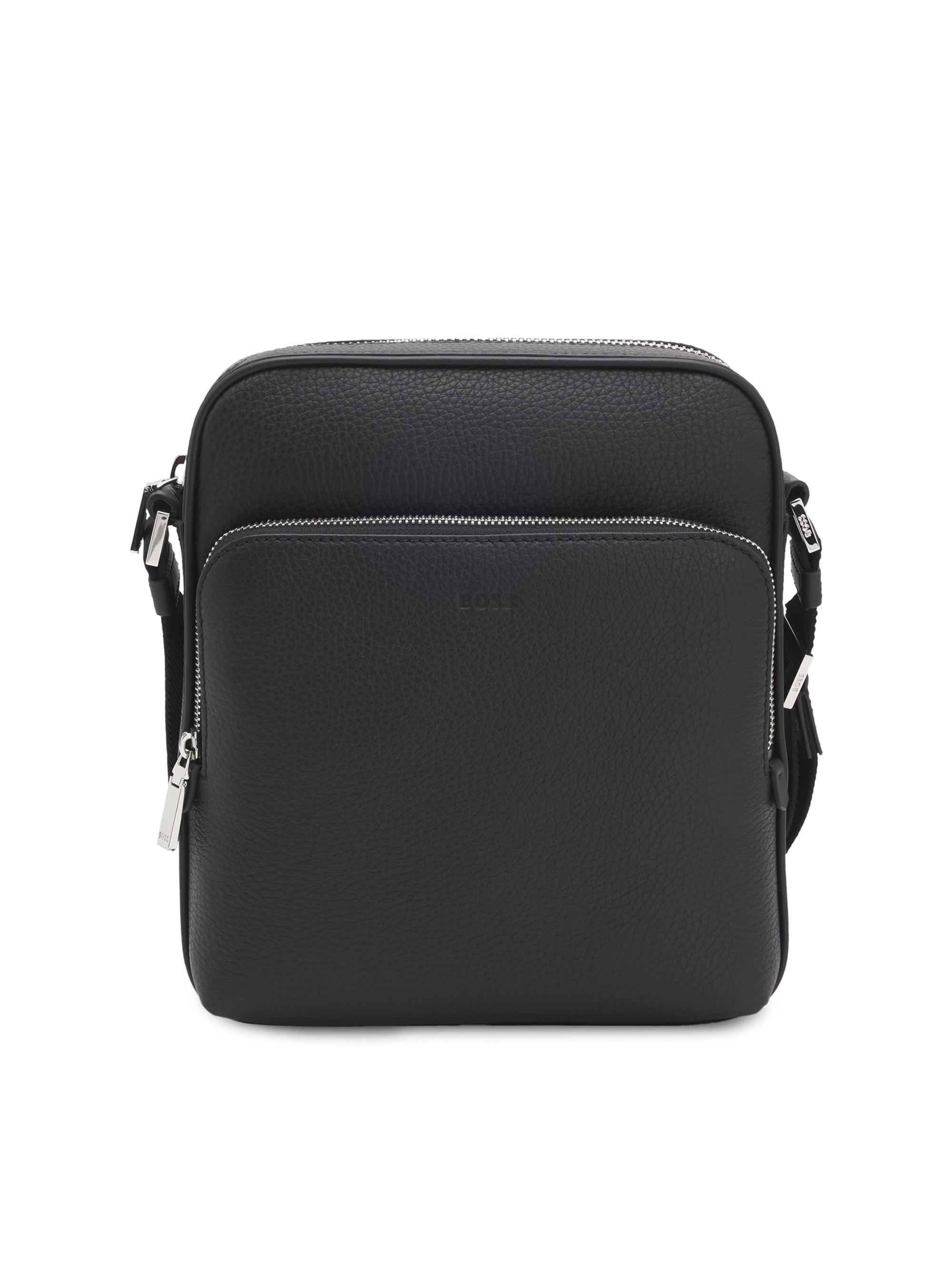 BOSS Men's Reporter Bag in Grained Italian Leather with Embossed Logo - Black