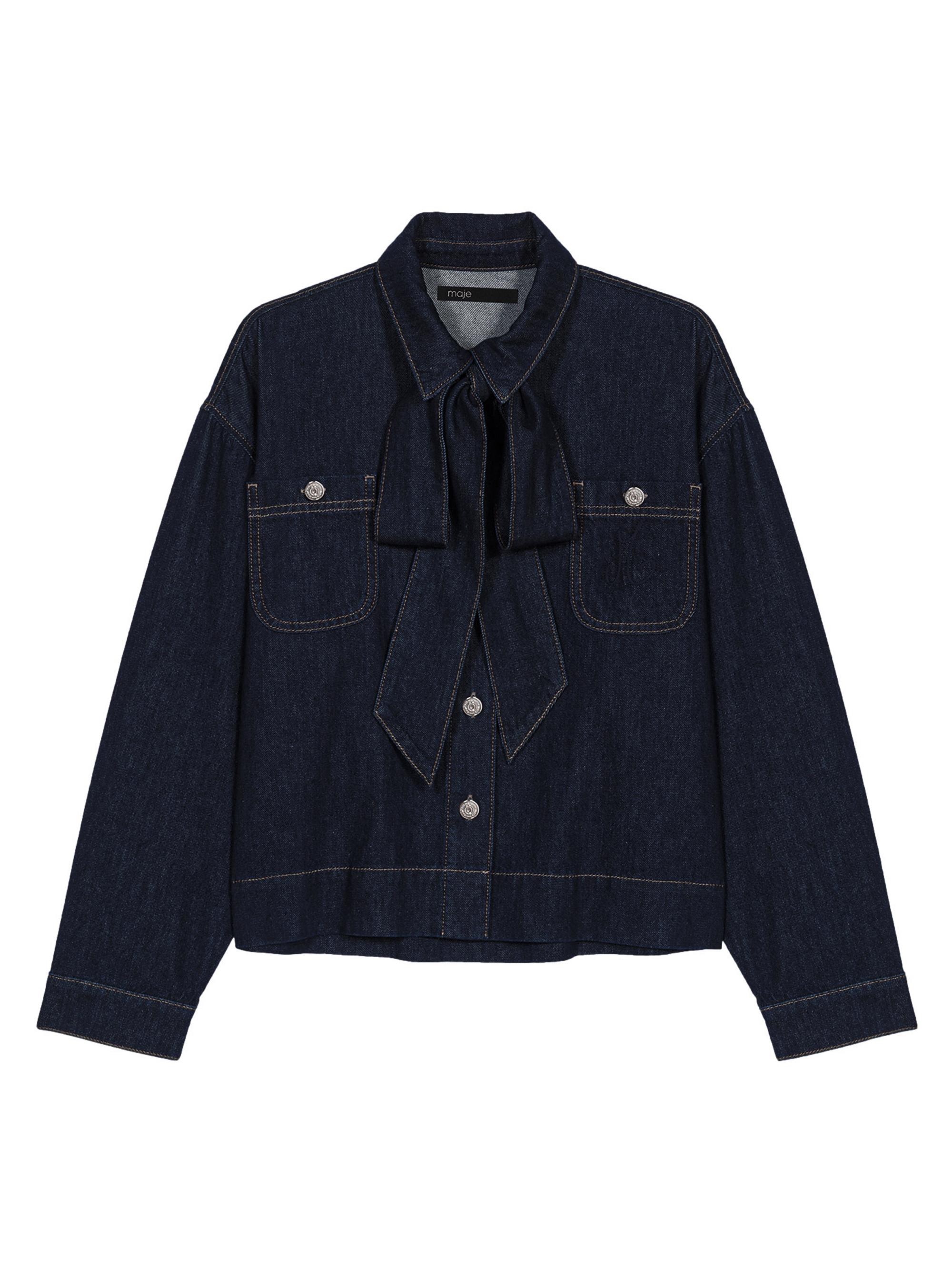 Maje Women's Denim Shirt with Pussy Bow - Navy