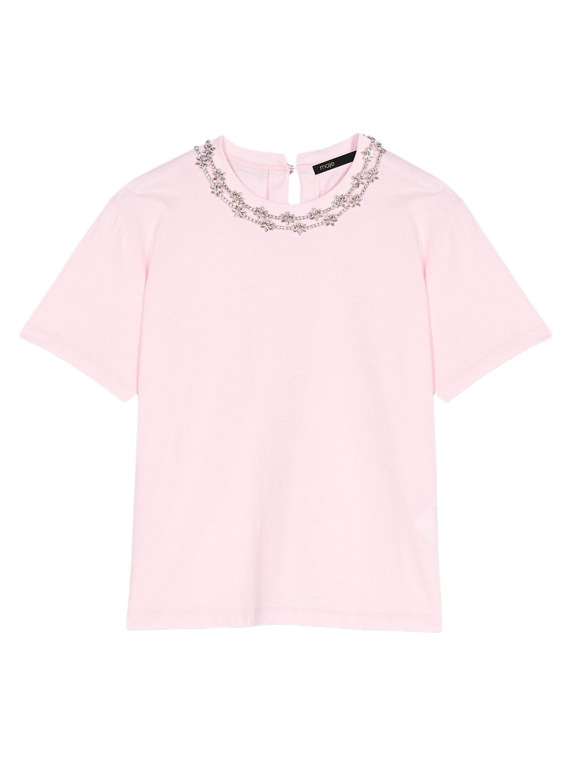 Maje Women's Short-Sleeve Jewel-Neck T-Shirt - Pink